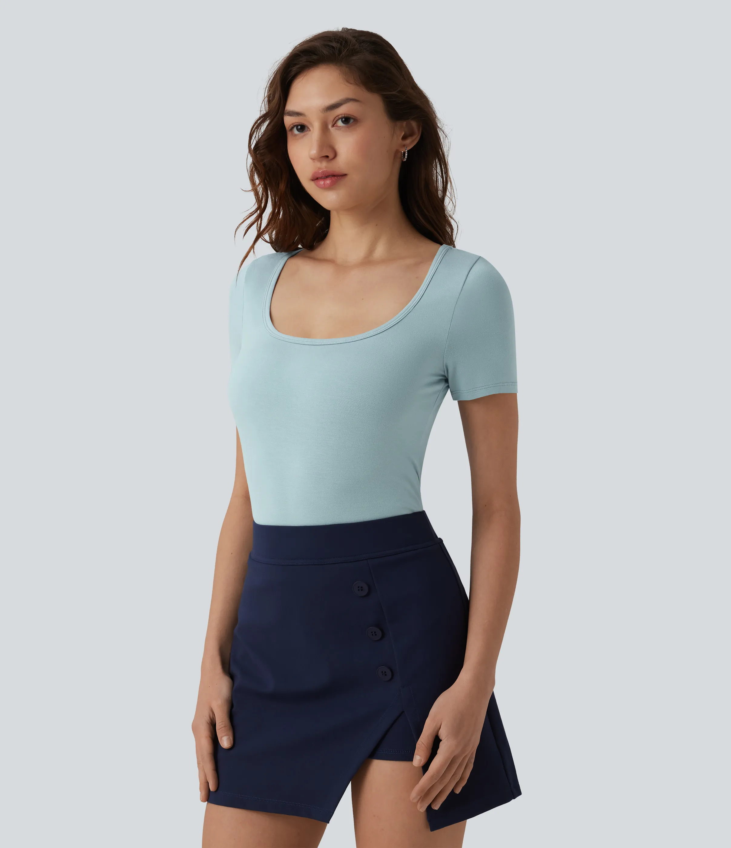 Halara Body oficina ajustado botón presión manga corta cuello U - Sterling Blue - M sold by Halara product image thumbnail 5