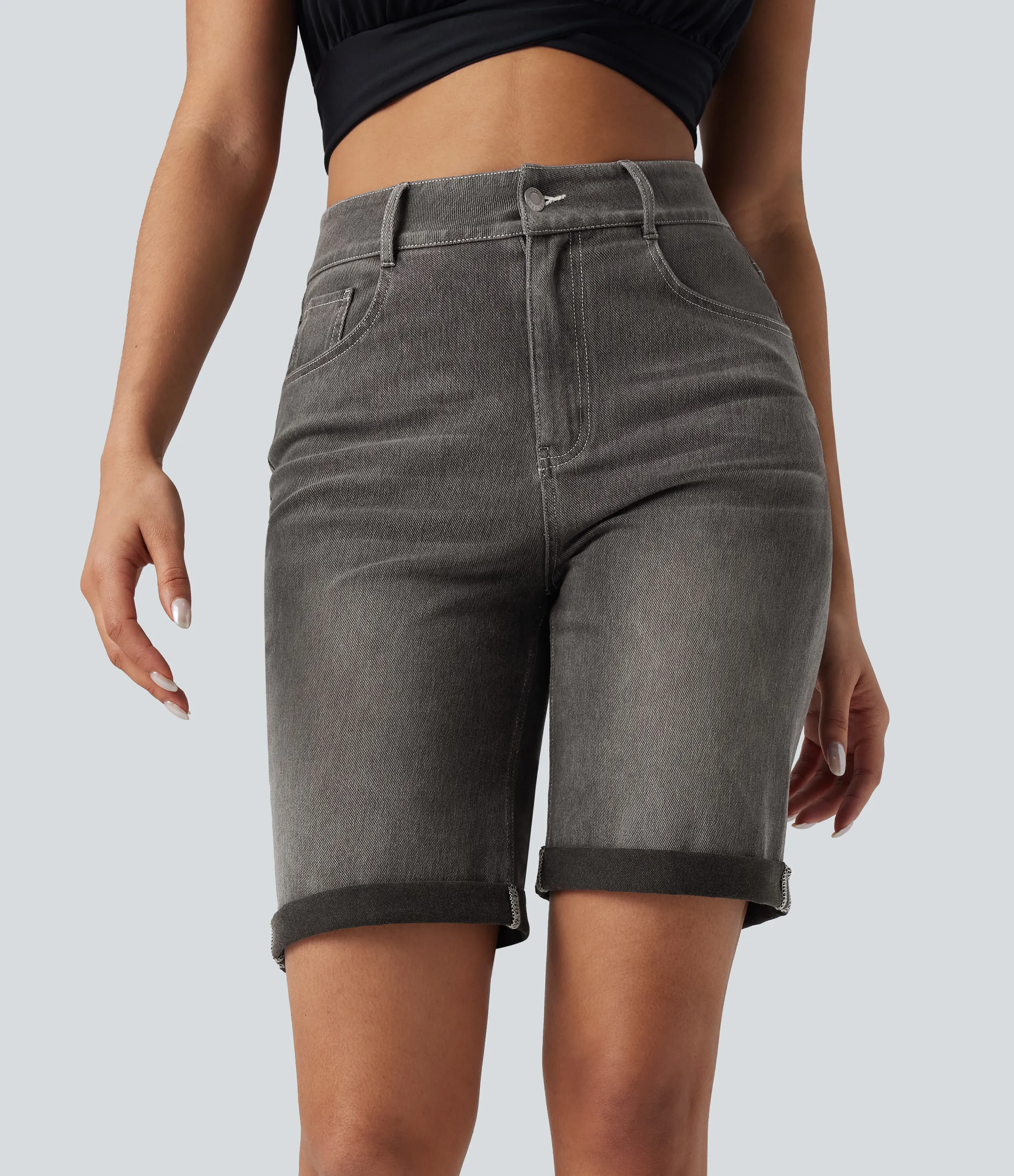 Halara Bermudas Halara Flex™ Denim mezclilla elástico lavado dobladillo enrollado múltiple bolsillo tiro alto - Cool Gray Denim - S(regular) sold by Halara product image thumbnail 2