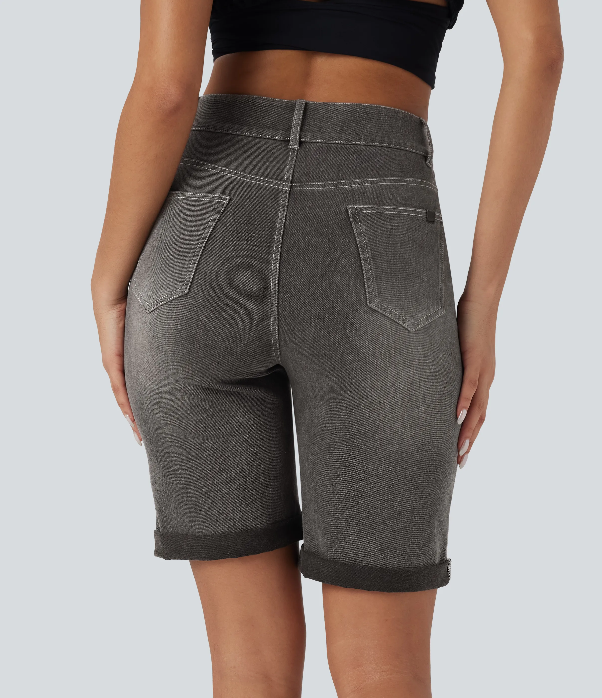 Halara Bermudas Halara Flex™ Denim mezclilla elástico lavado dobladillo enrollado múltiple bolsillo tiro alto - Cool Gray Denim - S(regular) sold by Halara product image thumbnail 3
