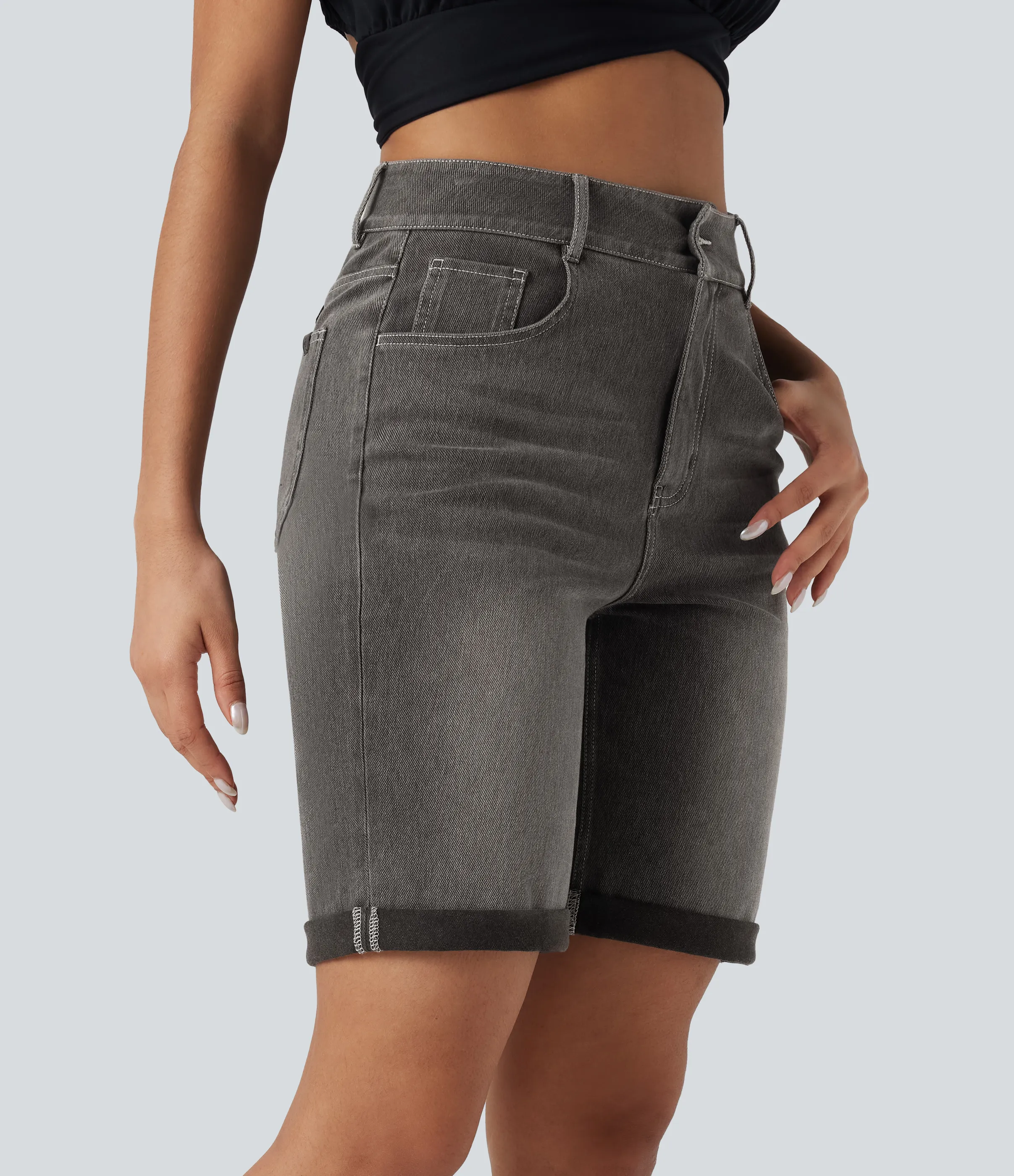 Halara Bermudas Halara Flex™ Denim mezclilla elástico lavado dobladillo enrollado múltiple bolsillo tiro alto - Cool Gray Denim - S(regular) sold by Halara product image thumbnail 4