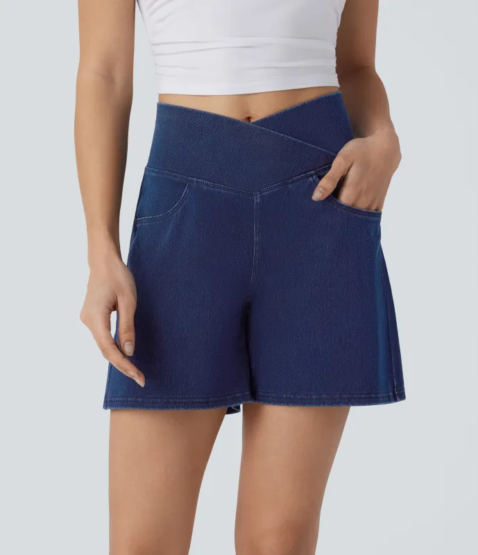 Halara Pantalón corto Halara Flex™ Denim mezclilla elástico lavado tiro alto múltiple bolsillo - Washed Denim Navy Blue - S(regular) sold by Halara