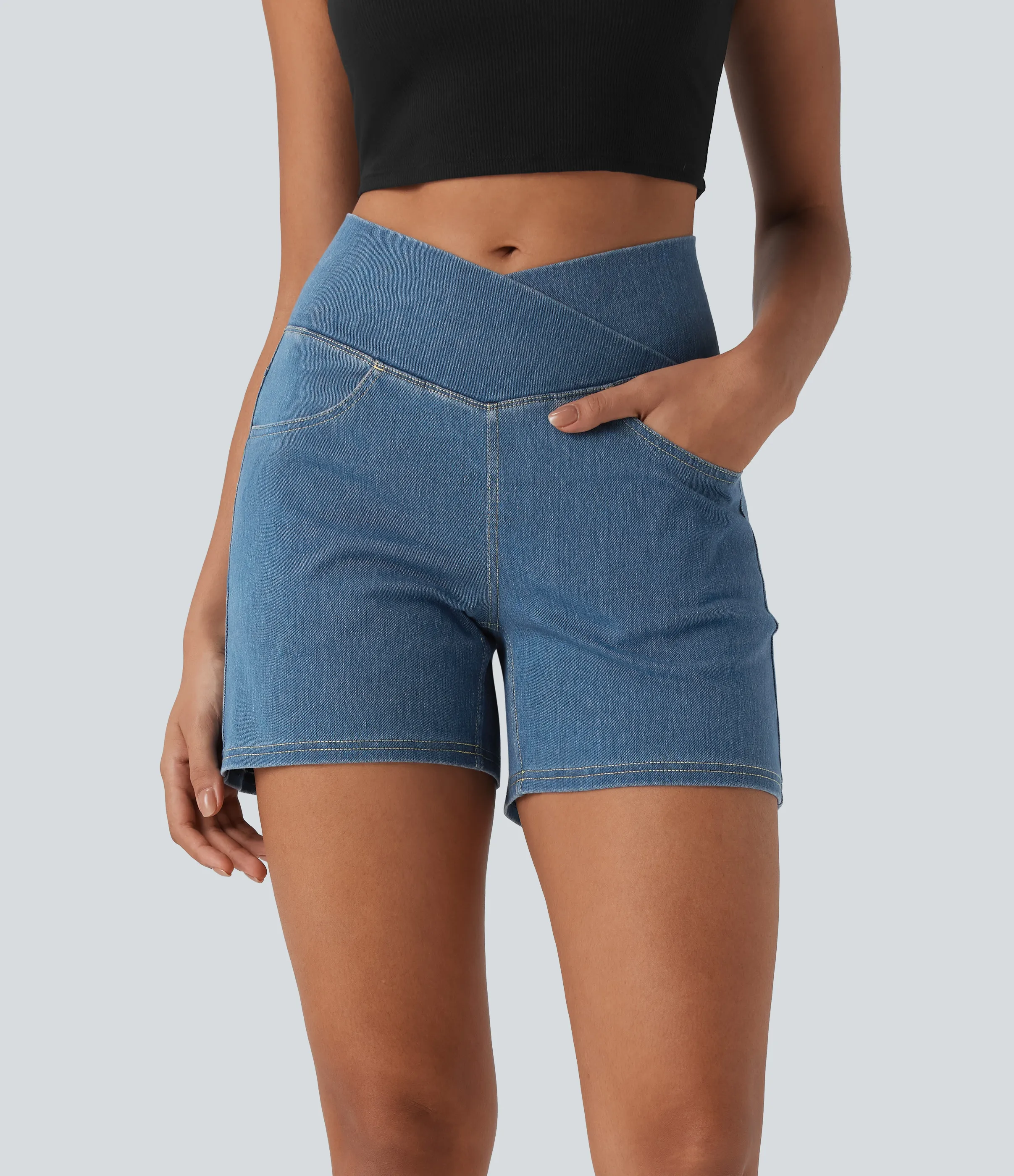 Halara Pantalón corto Halara Flex™ Denim mezclilla elástico lavado tiro alto múltiple bolsillo - Blue Surf Denim - XL(regular) sold by Halara