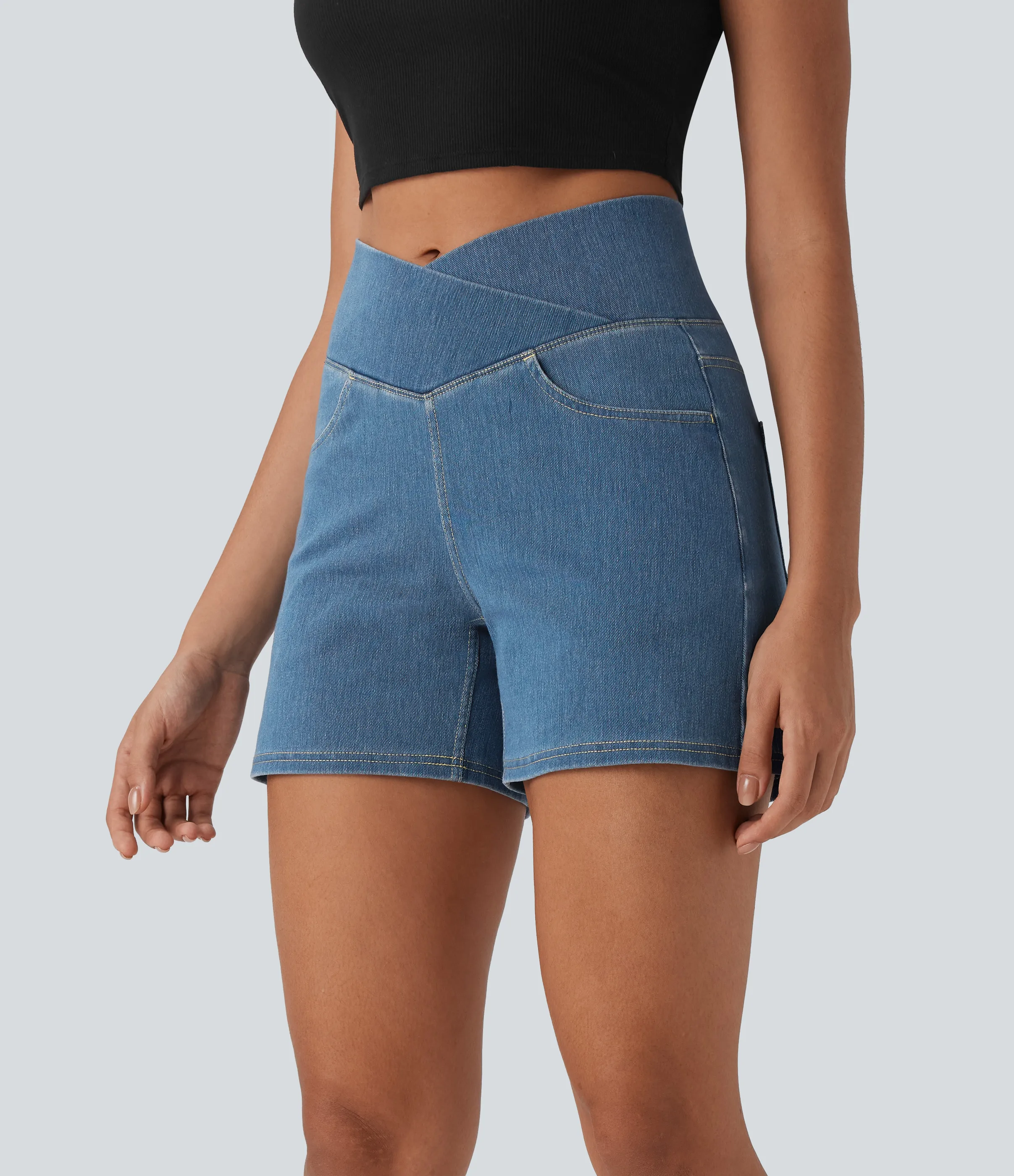 Halara Pantalón corto Halara Flex™ Denim mezclilla elástico lavado tiro alto múltiple bolsillo - Blue Surf Denim - XL(regular) sold by Halara product image thumbnail 4