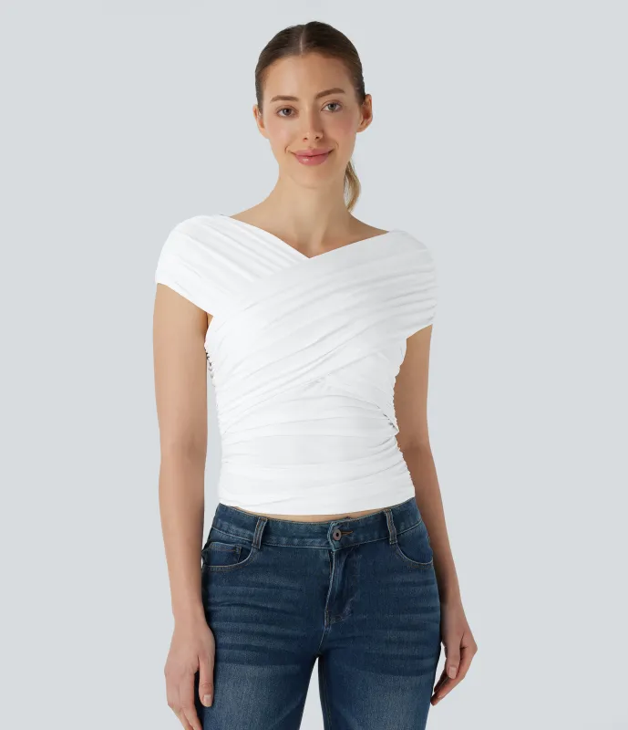 Halara Top casual ajustado con cuello en V, mangas cortas cruzadas y fruncido - White - L sold by Halara