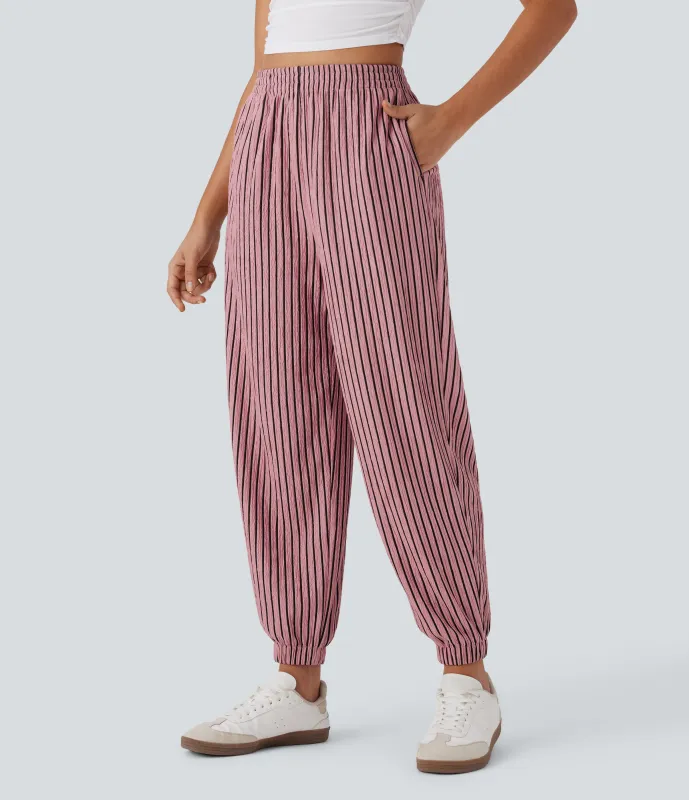Halara Joggers casuales de tiro alto a rayas con bolsillos laterales - Candy Pink Black Stripes - XL(regular) sold by Halara
