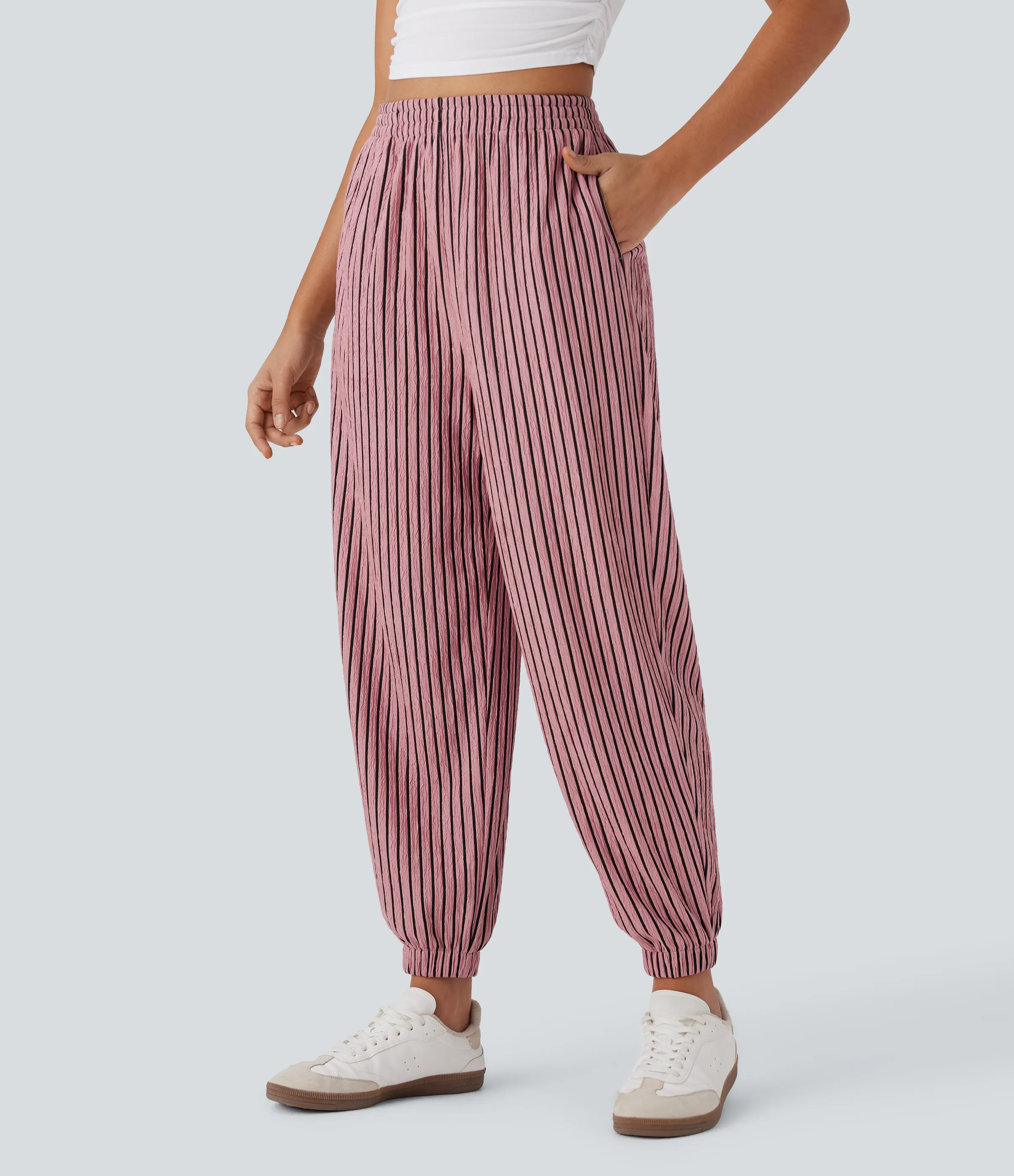 Halara Joggers casuales de tiro alto a rayas con bolsillos laterales - Candy Pink Black Stripes - XL(regular) sold by Halara