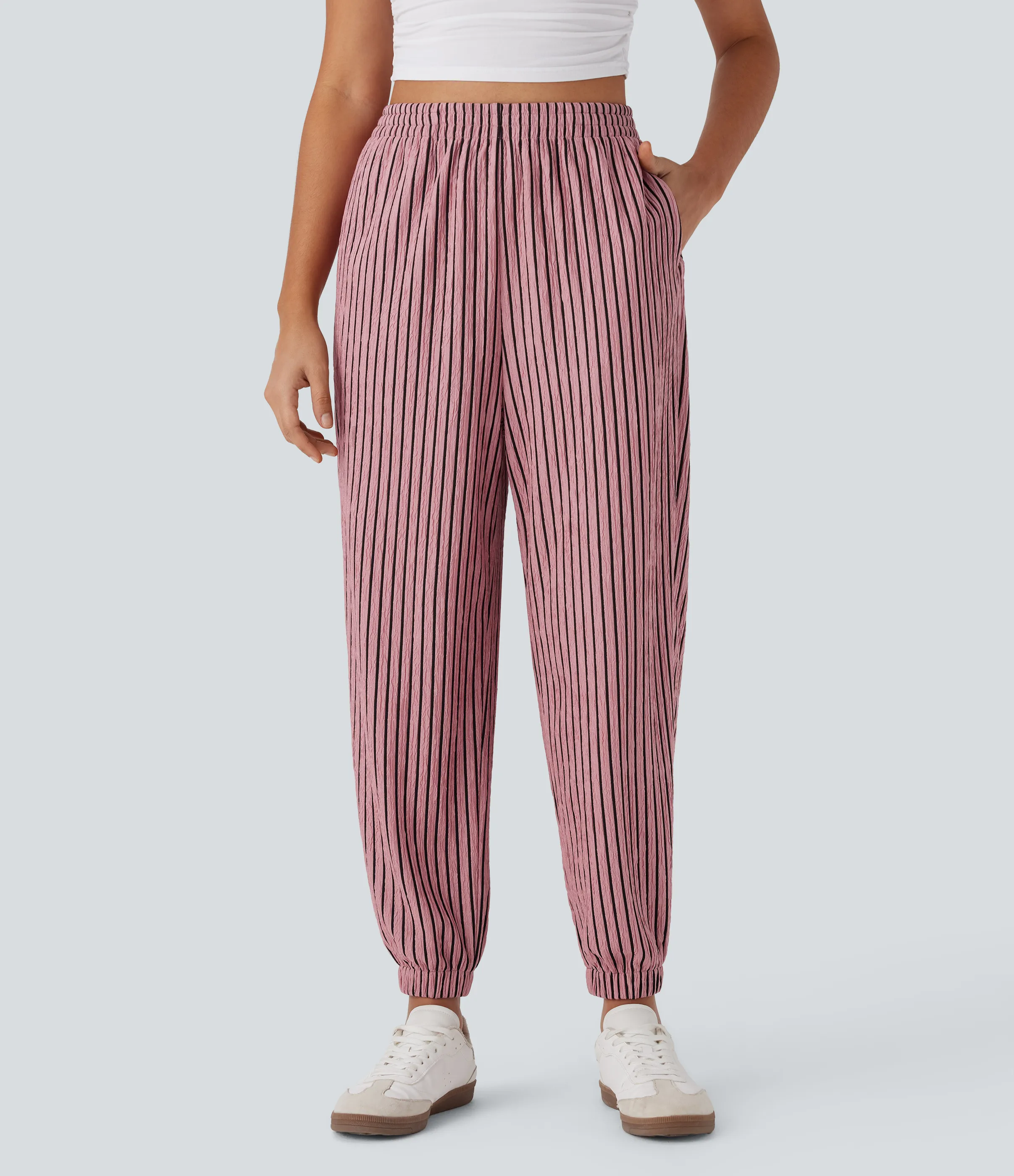 Halara Joggers casuales de tiro alto a rayas con bolsillos laterales - Candy Pink Black Stripes - XL(regular) sold by Halara product image thumbnail 4