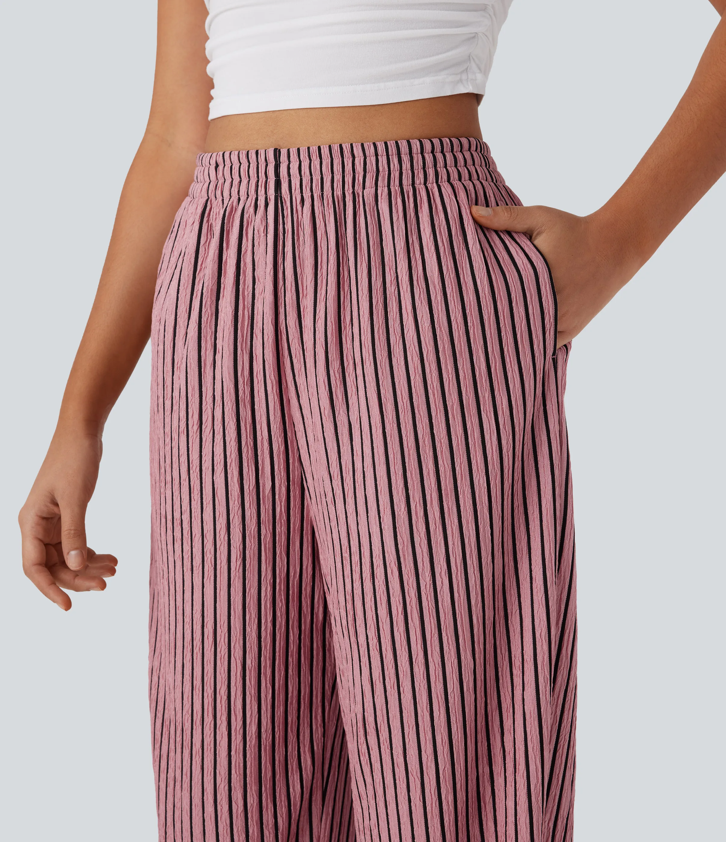 Halara Joggers casuales de tiro alto a rayas con bolsillos laterales - Candy Pink Black Stripes - XL(regular) sold by Halara product image thumbnail 5