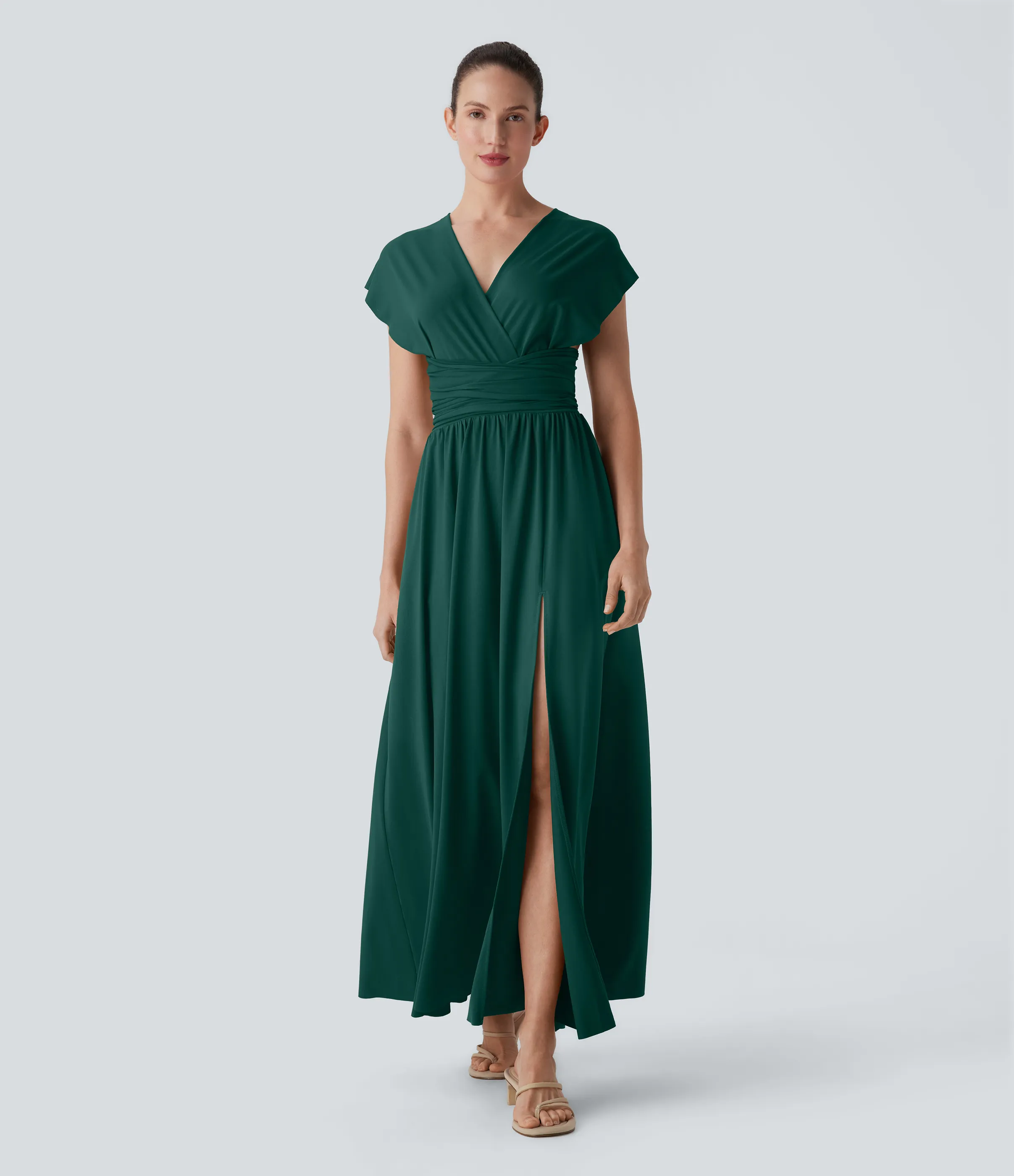 Halara Vestido de fiesta largo con escote en V de manga corta con abertura entrecruzada y lazo en la espalda y bolsillo lateral - Rain Forest - M sold by Halara product image thumbnail 2