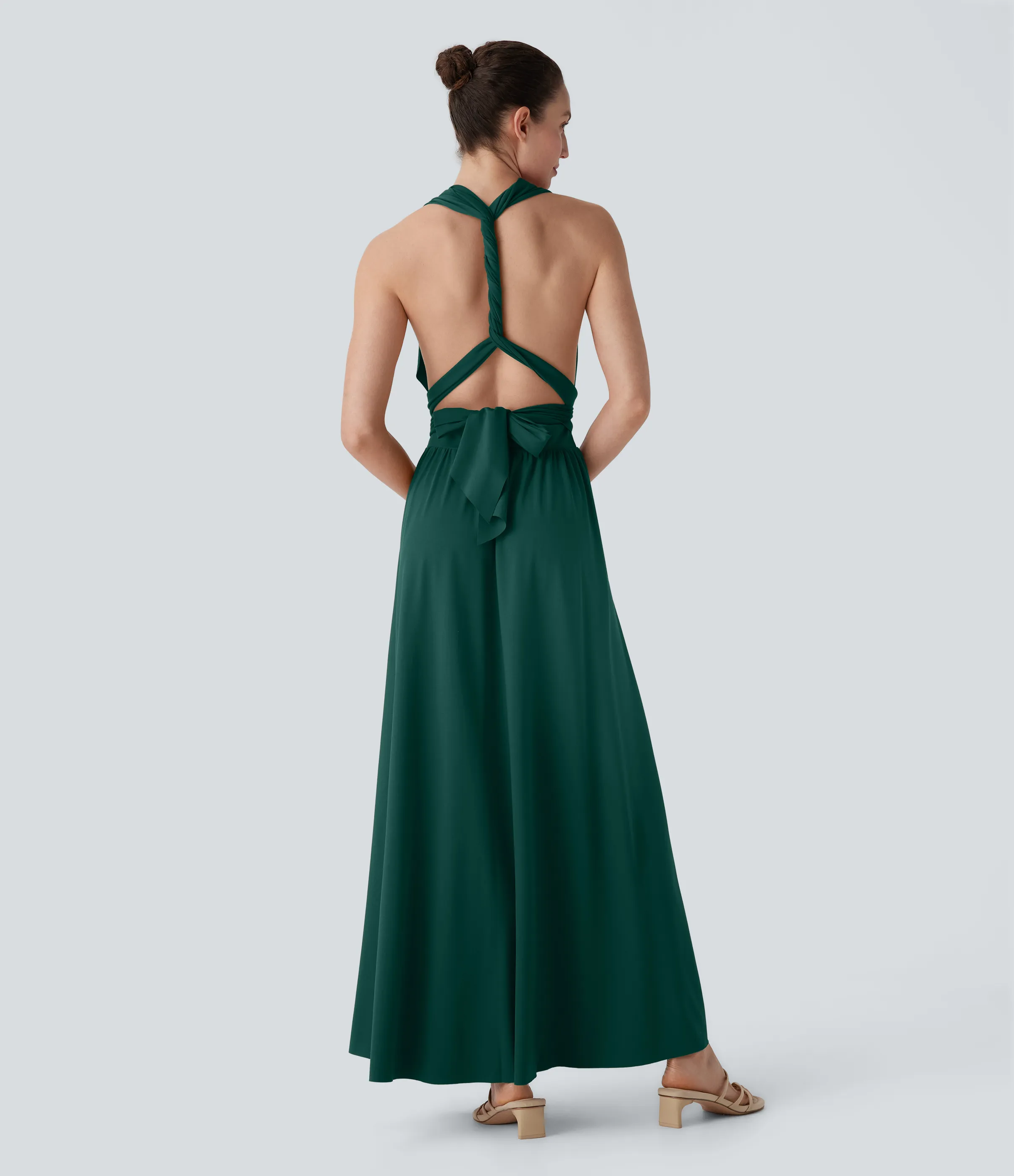 Halara Vestido de fiesta largo con escote en V de manga corta con abertura entrecruzada y lazo en la espalda y bolsillo lateral - Rain Forest - M sold by Halara product image thumbnail 5