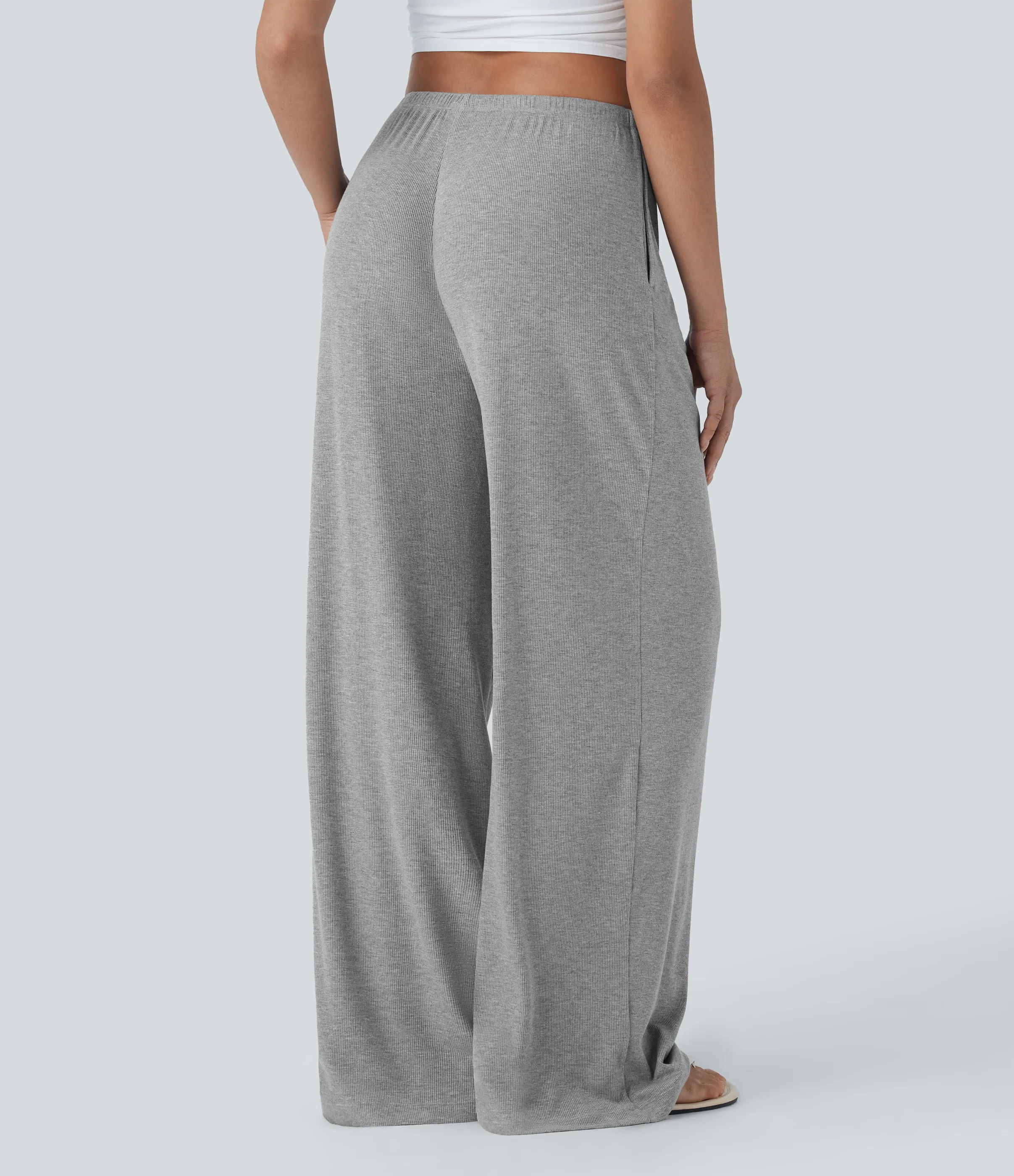 Halara Pantalones casuales anchos y holgados de tiro bajo elásticos, acanalados y agradables al tacto con cordón y bolsillos laterales - Fog Gray - XL(tall) sold by Halara product image thumbnail 3