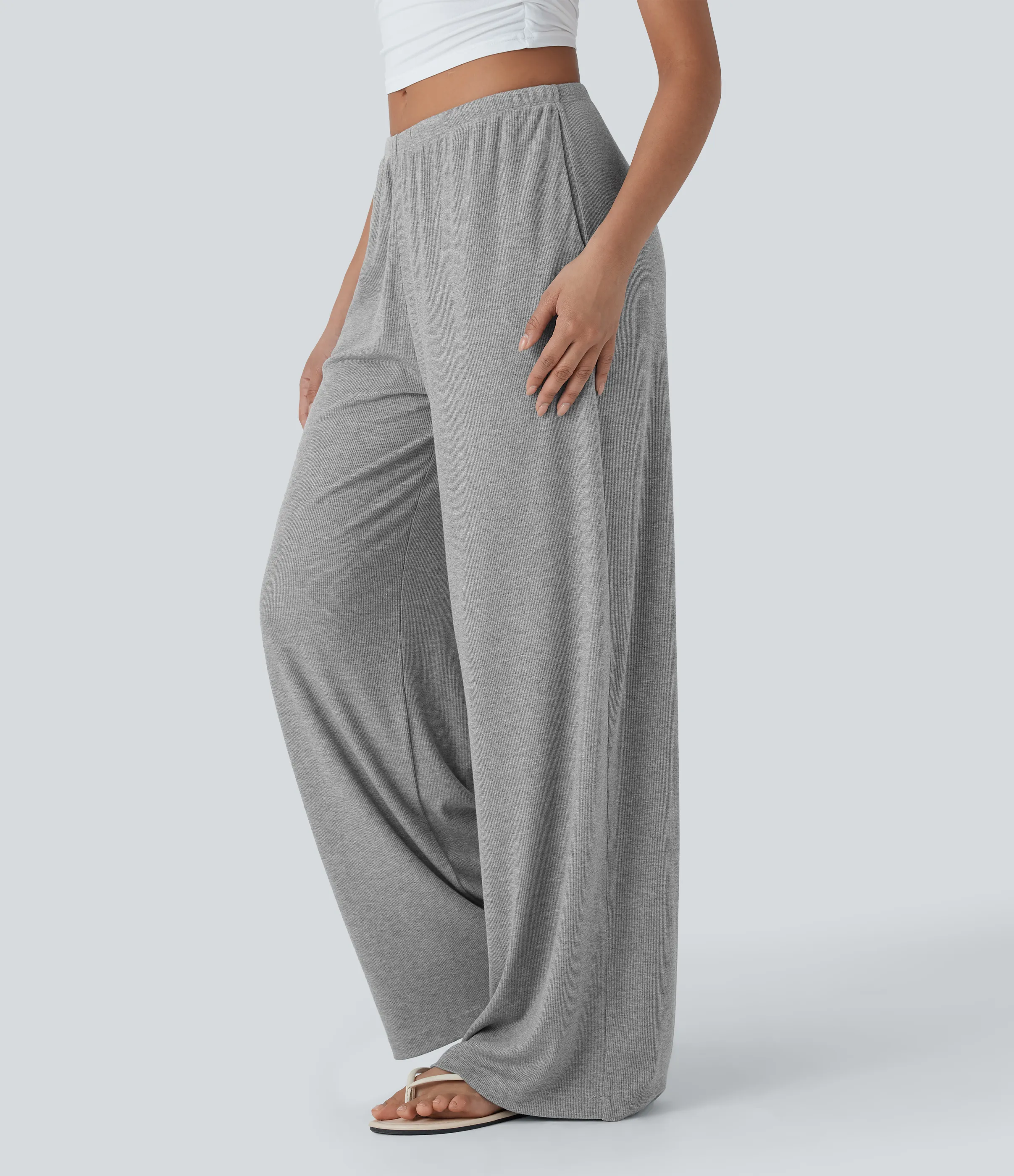 Halara Pantalones casuales anchos y holgados de tiro bajo elásticos, acanalados y agradables al tacto con cordón y bolsillos laterales - Fog Gray - XL(tall) sold by Halara product image thumbnail 4