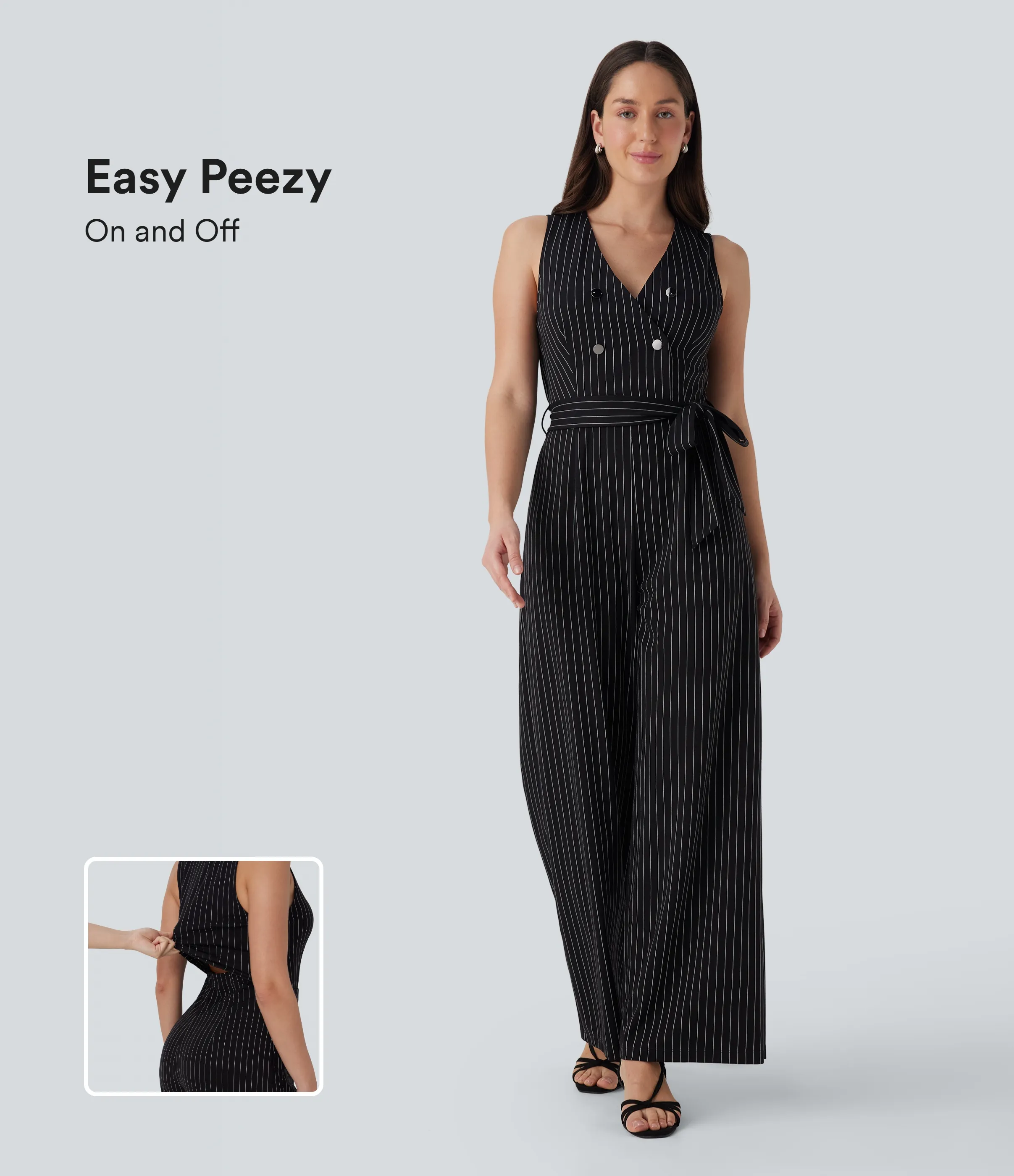 Halara Mono de oficina a rayas sin mangas con cuello en V, botones, cinturón, cremallera invisible de tacto fresco con bolsillos - Easy Peezy - Black White Pinstripe - XL(regular) sold by Halara