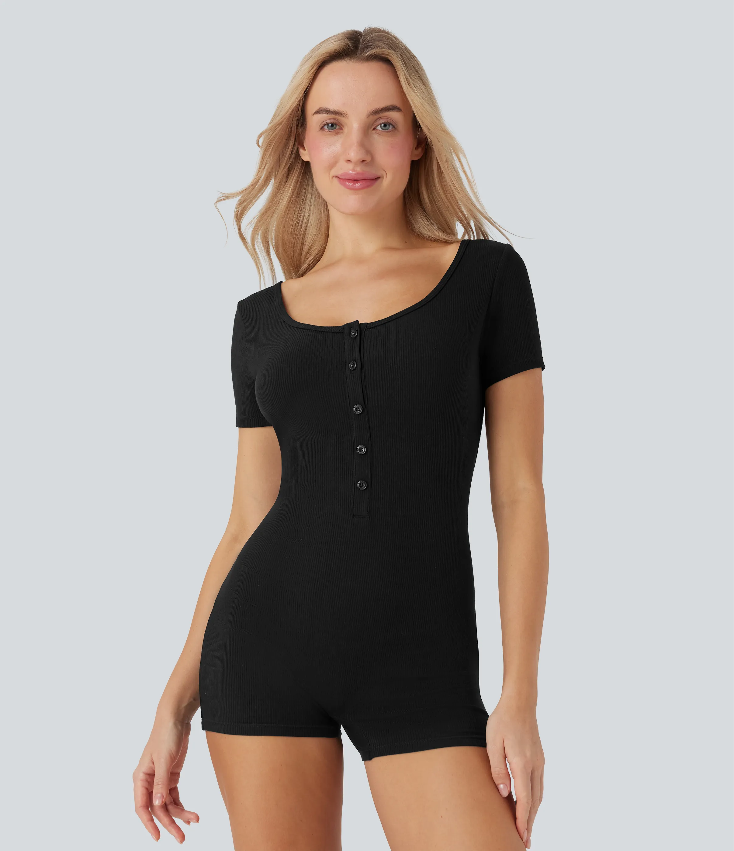 Halara Mono casual de manga corta con cuello henley - Black - S(regular) sold by Halara