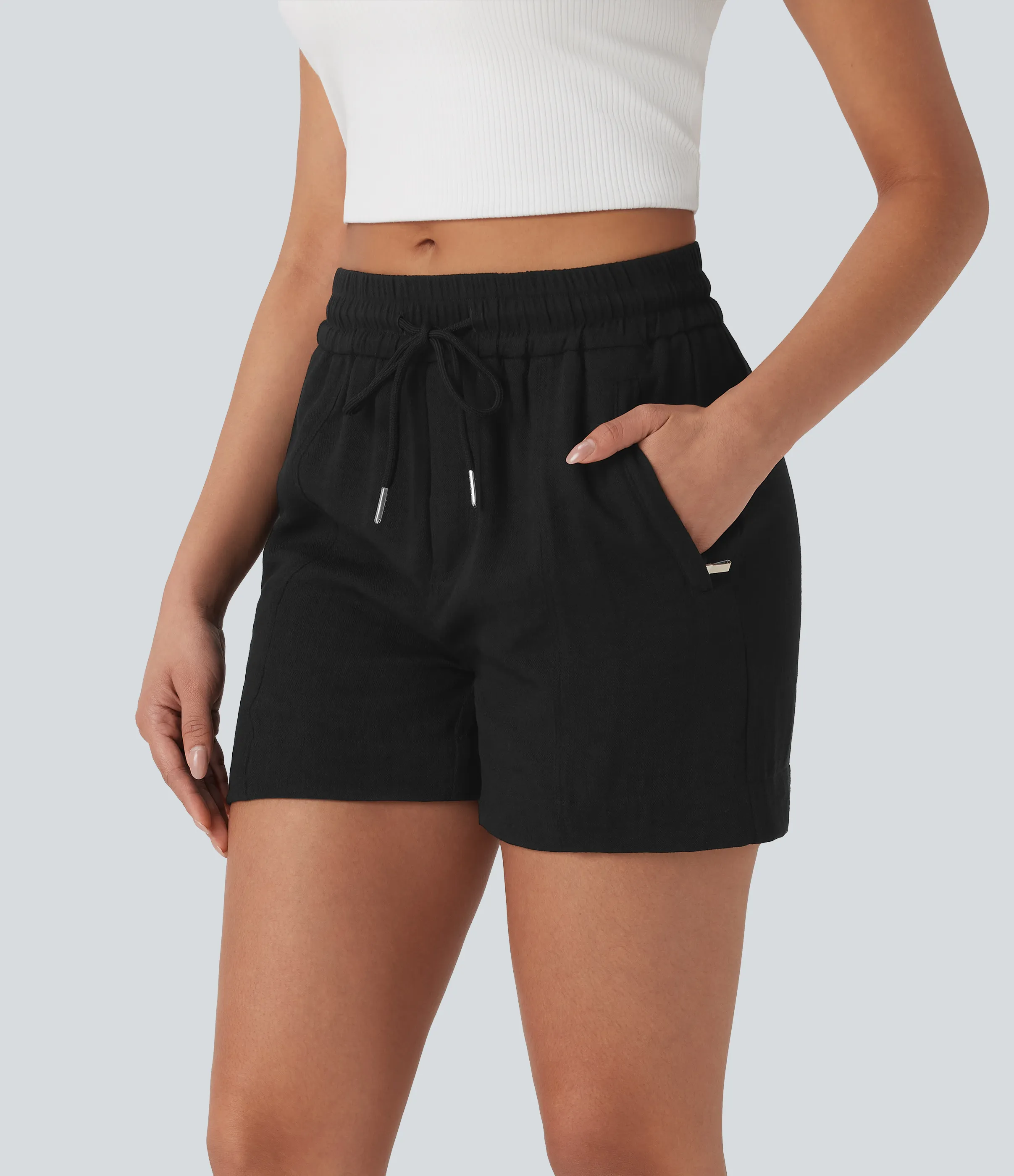 Halara Shorts de oficina de oficina de tiro medio con cordón y bolsillos laterales con cremallera - Black - M sold by Halara product image thumbnail 4