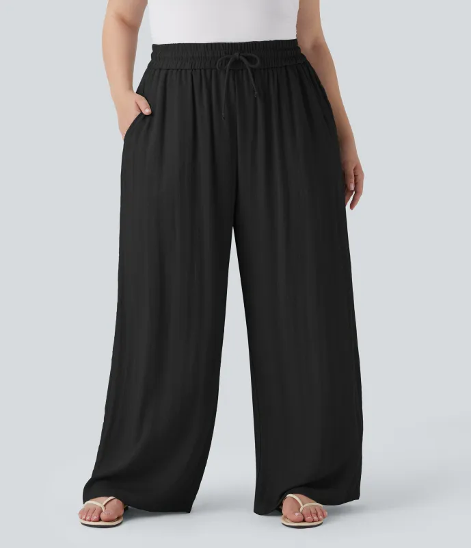 Halara Pantalón lino tiro alto cordón ajustable pierna ancha bolsillo talla grande - Black - 1X(regular) sold by Halara