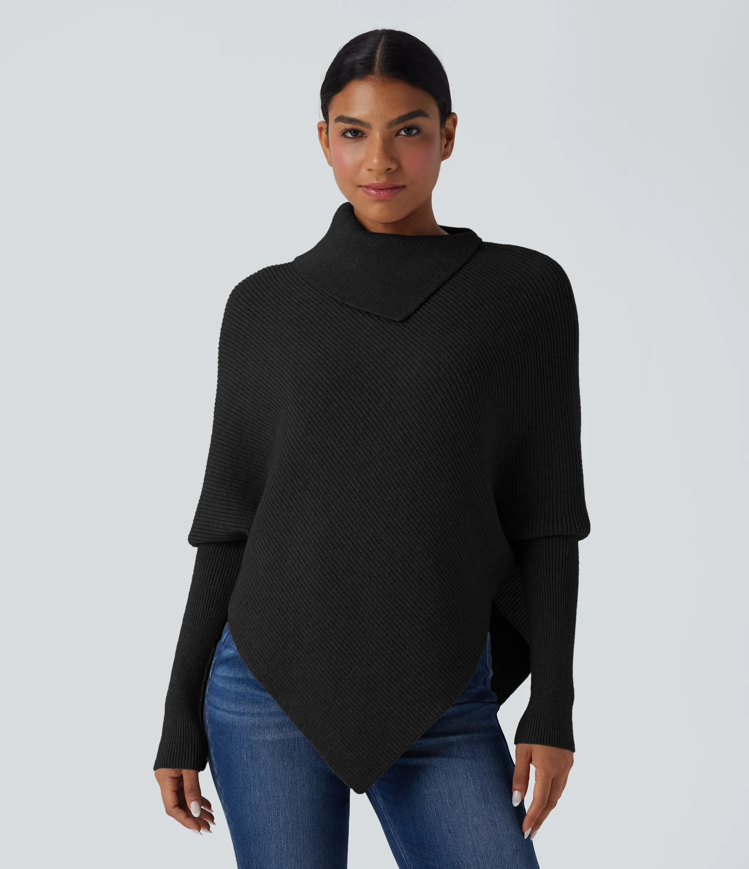 Halara Suéter casual de cuello alto con mangas murciélago y dobladillo asimétrico - Black - L sold by Halara