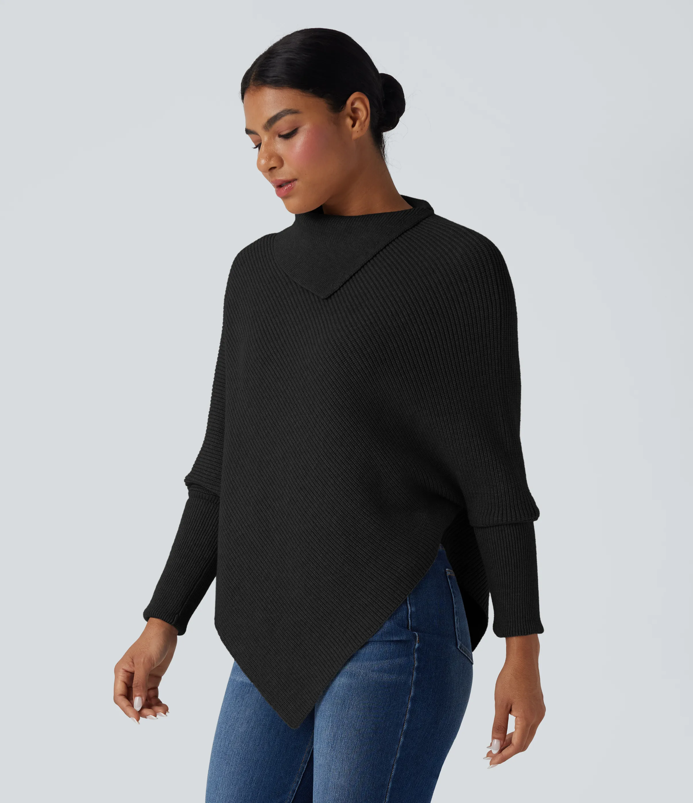 Halara Suéter casual de cuello alto con mangas murciélago y dobladillo asimétrico - Black - L sold by Halara product image thumbnail 4