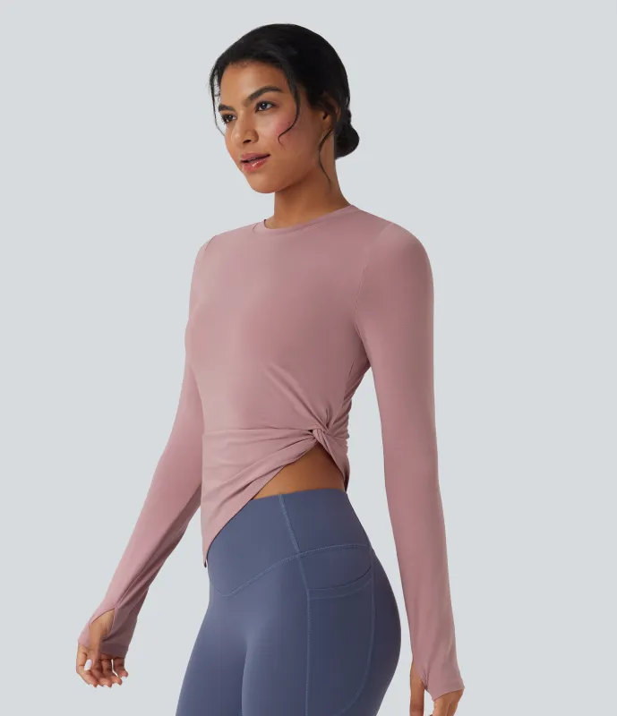 Halara Top deportivo de yoga asimétrico de manga larga con abertura para el pulgar y secado rápido - Soft Berry - L sold by Halara