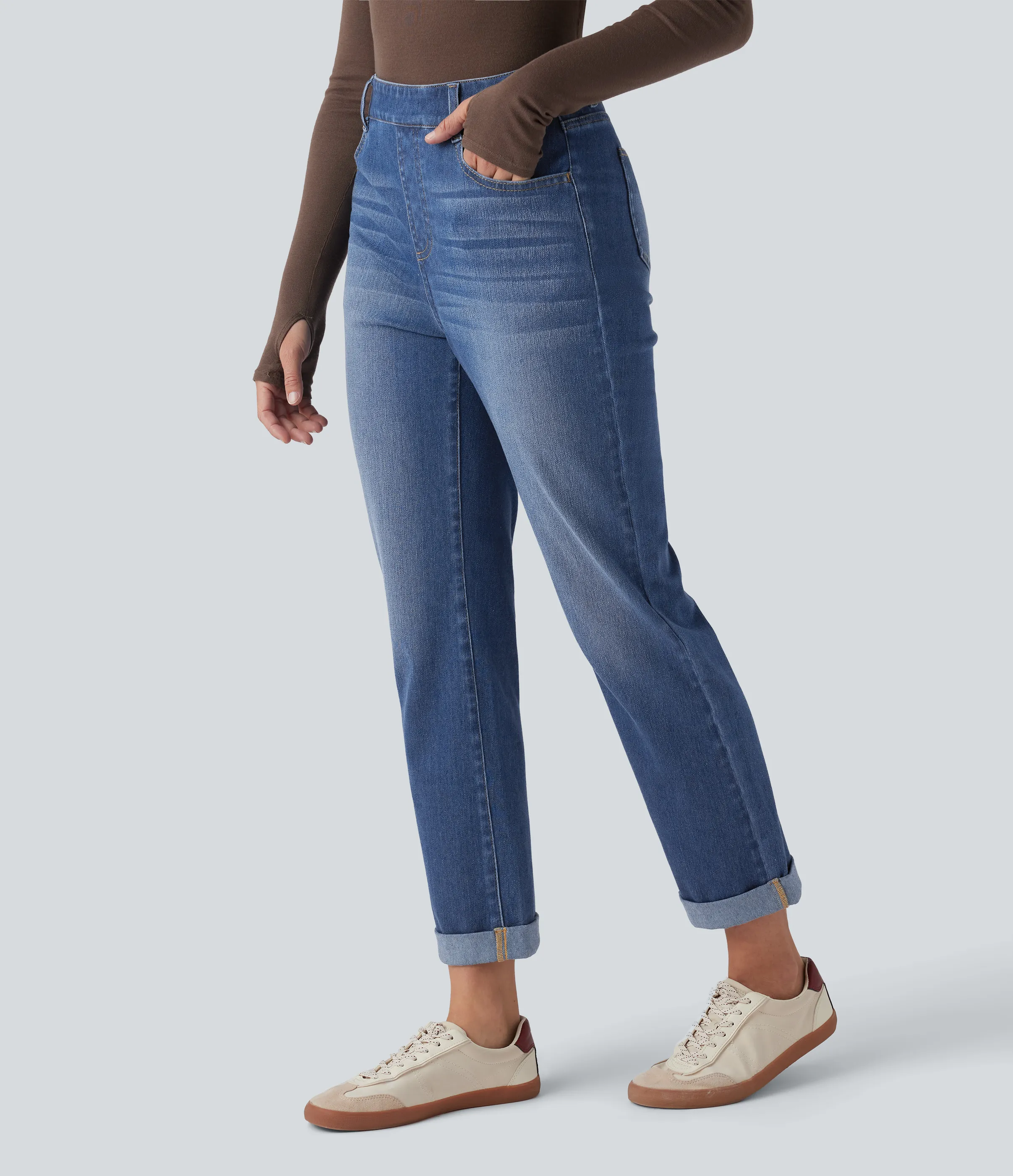Halara Jeans ajustados casuales Halara Flex™ de tiro alto con dobladillo enrollado y bolsillos - Tide Blue Denim - M(regular) sold by Halara product image thumbnail 4