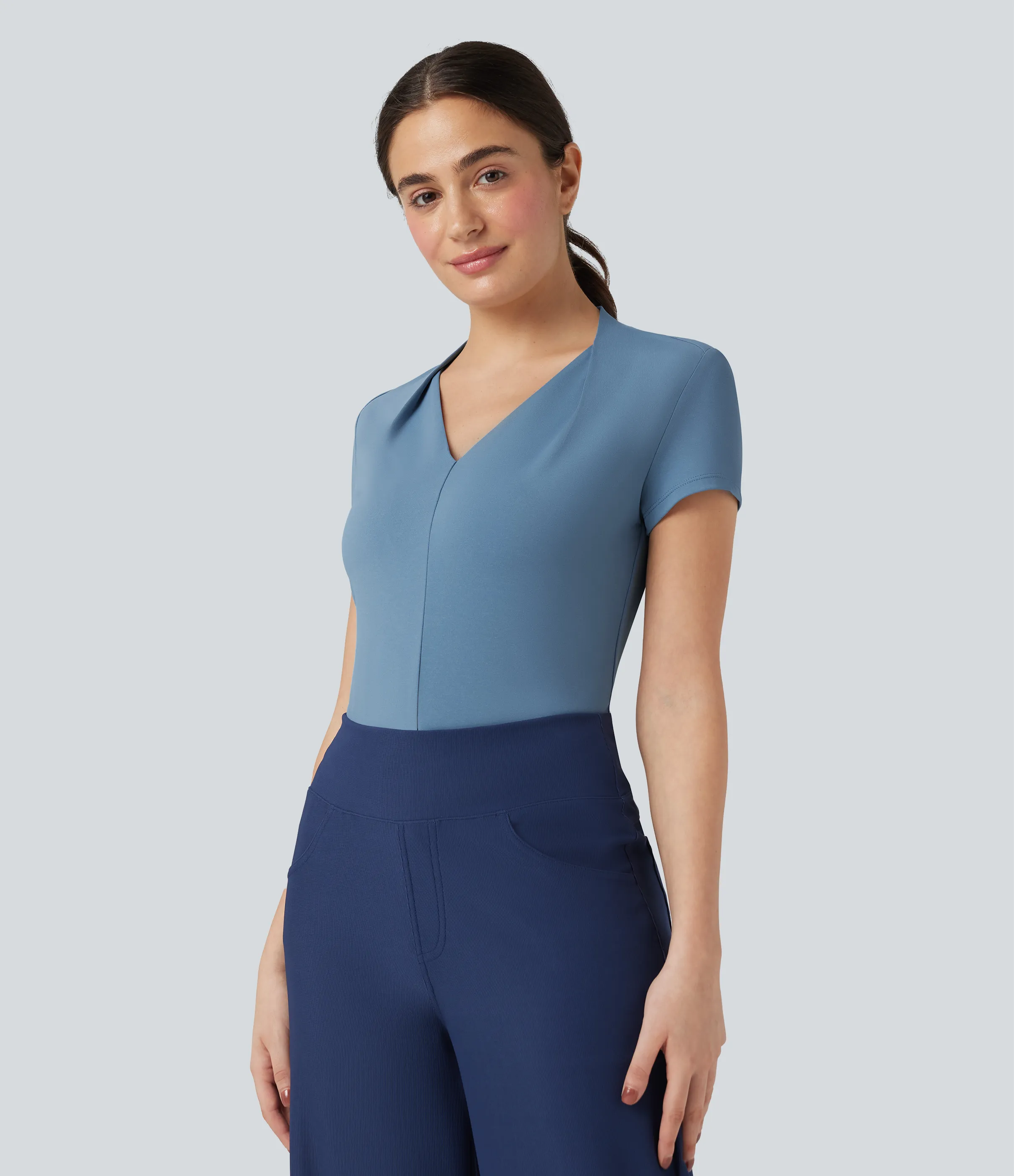 Halara Blusa de oficina de manga corta con cuello en V - Blue Heaven - L sold by Halara product image thumbnail 4