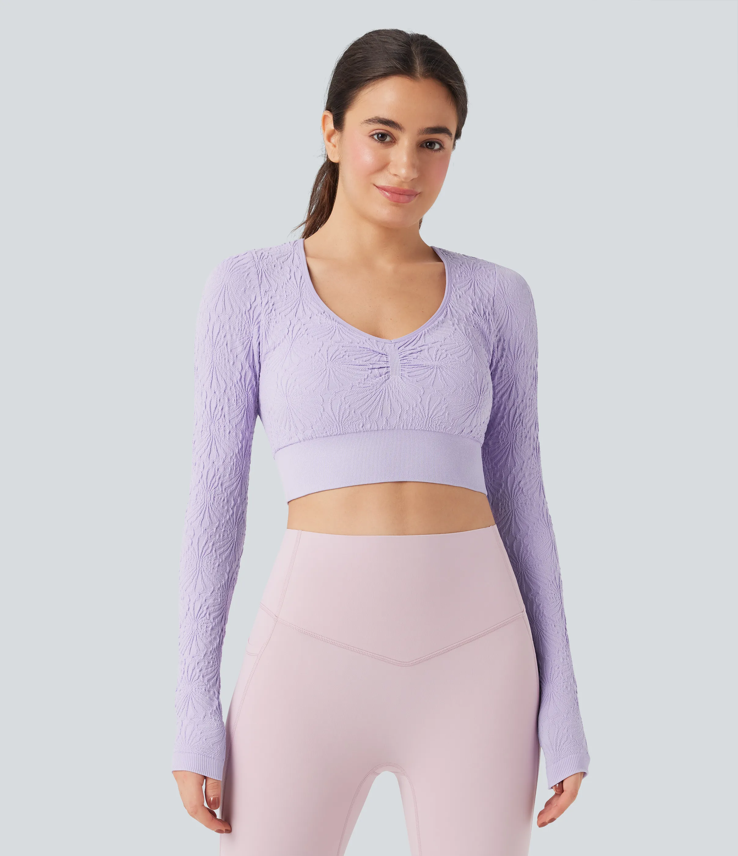 Halara Top deportivo de yoga ajustado de manga larga con diseño de jacquard sin costuras - Orchid Petal - XL sold by Halara product image thumbnail 4