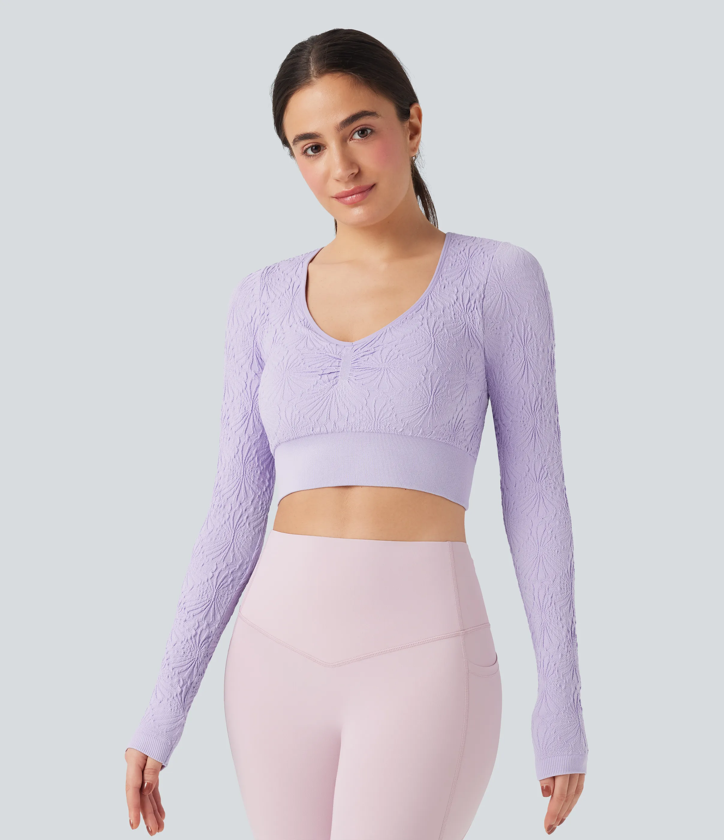 Halara Top deportivo de yoga ajustado de manga larga con diseño de jacquard sin costuras - Orchid Petal - XL sold by Halara product image thumbnail 5