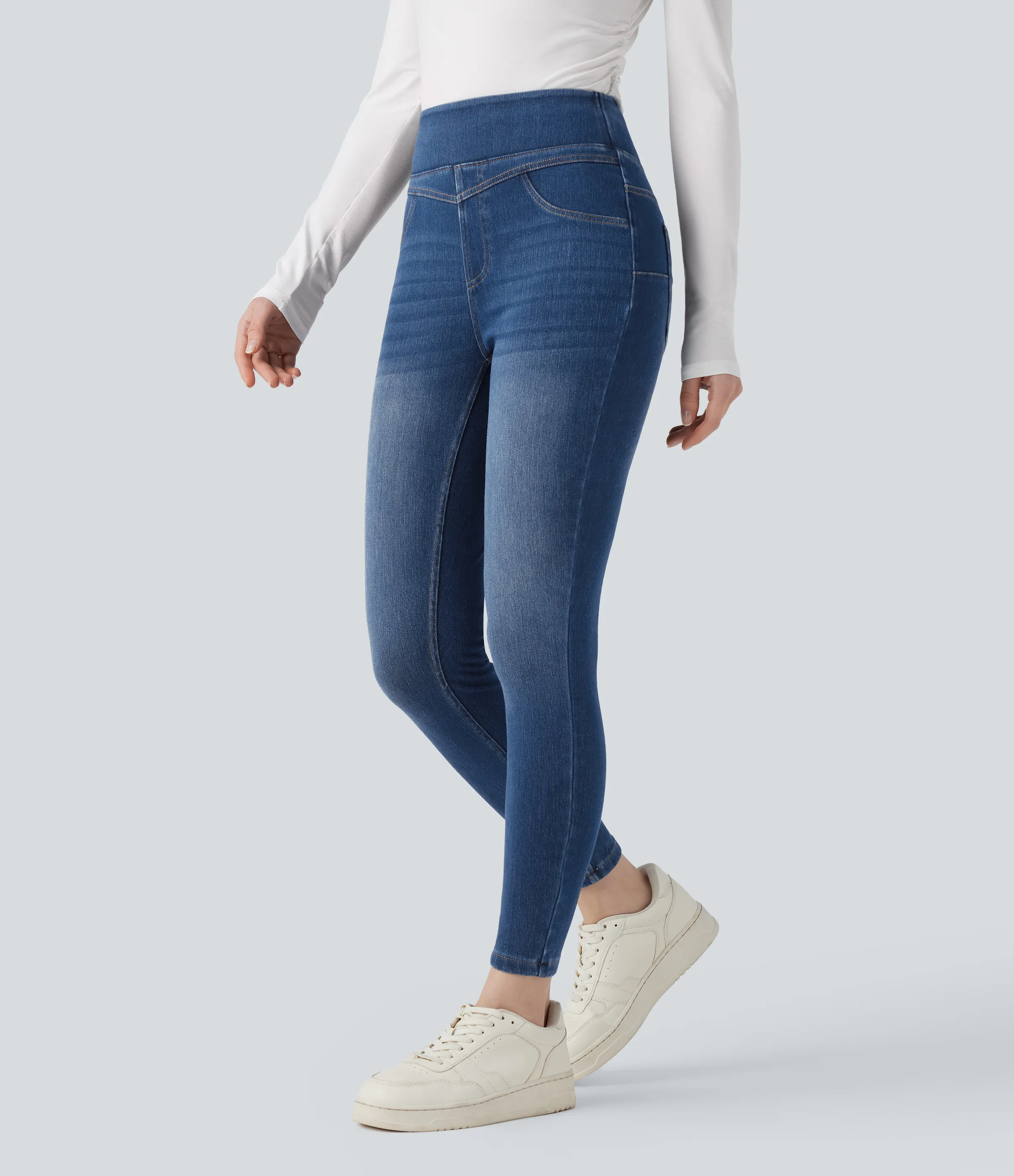 Halara Leggings casuales ajustados de mezclilla Halara Flex™ de tiro alto con control de abdomen y bolsillos de 7/8 - Estate Blue Denim - L(regular) sold by Halara