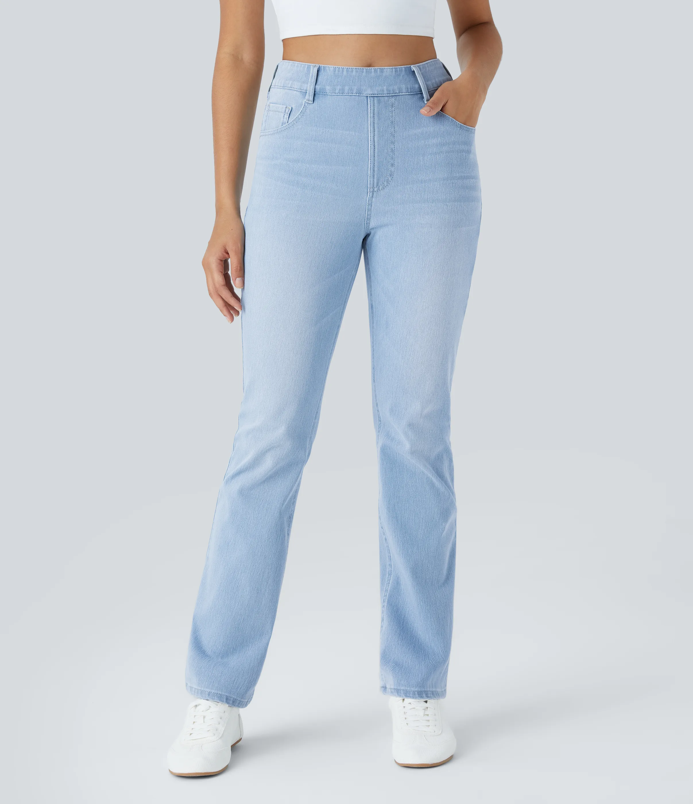 Halara Jeans Halara Flex™ Denim en corte de bota elásticos de tiro alto descoloridos con múltiples bolsillos - Light Azure Denim - XS(petite) sold by Halara product image thumbnail 4
