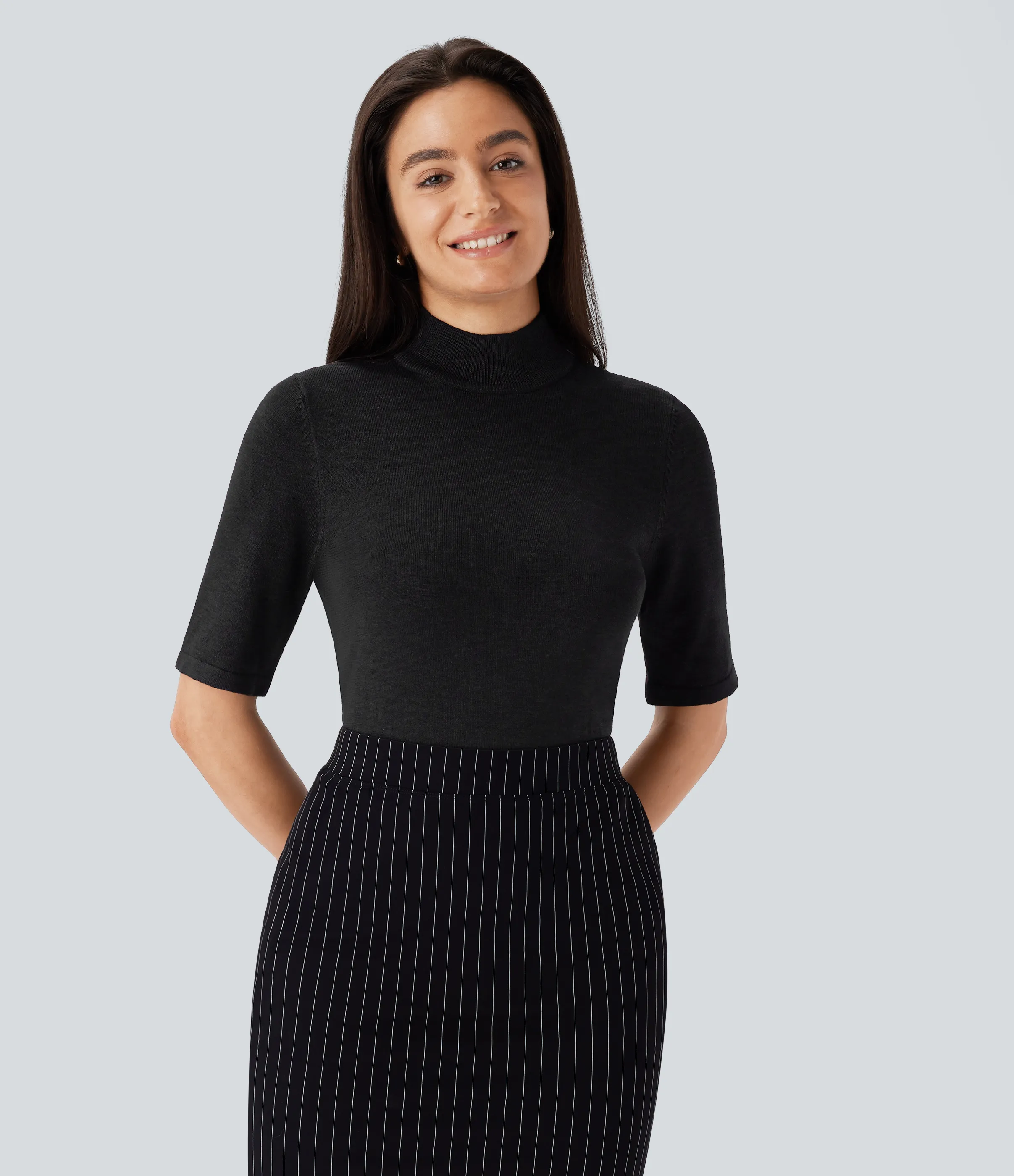 Halara Suéter oficina ajustado cuello alto manga codo - Black - S sold by Halara product image thumbnail 2