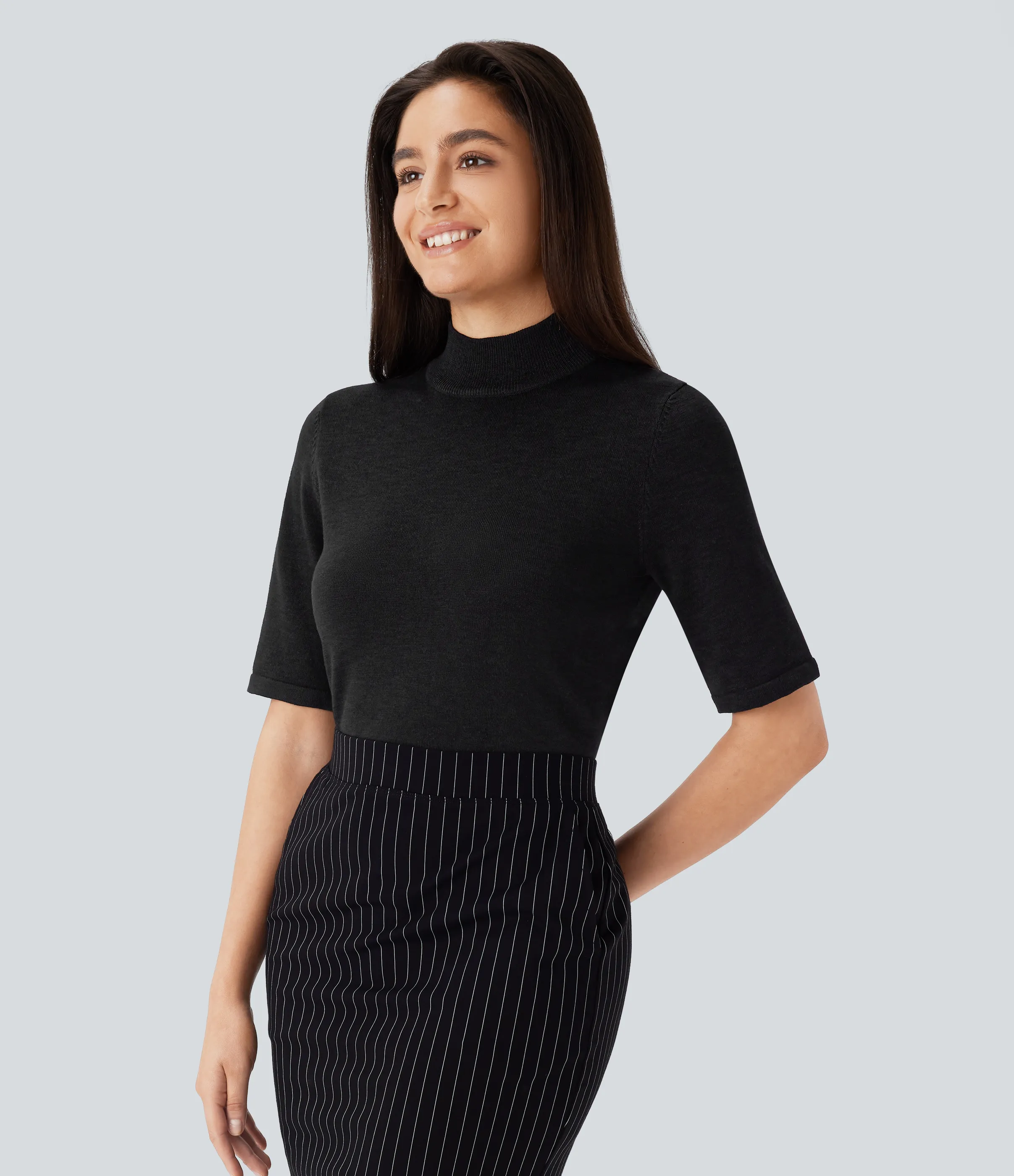 Halara Suéter oficina ajustado cuello alto manga codo - Black - S sold by Halara product image thumbnail 4