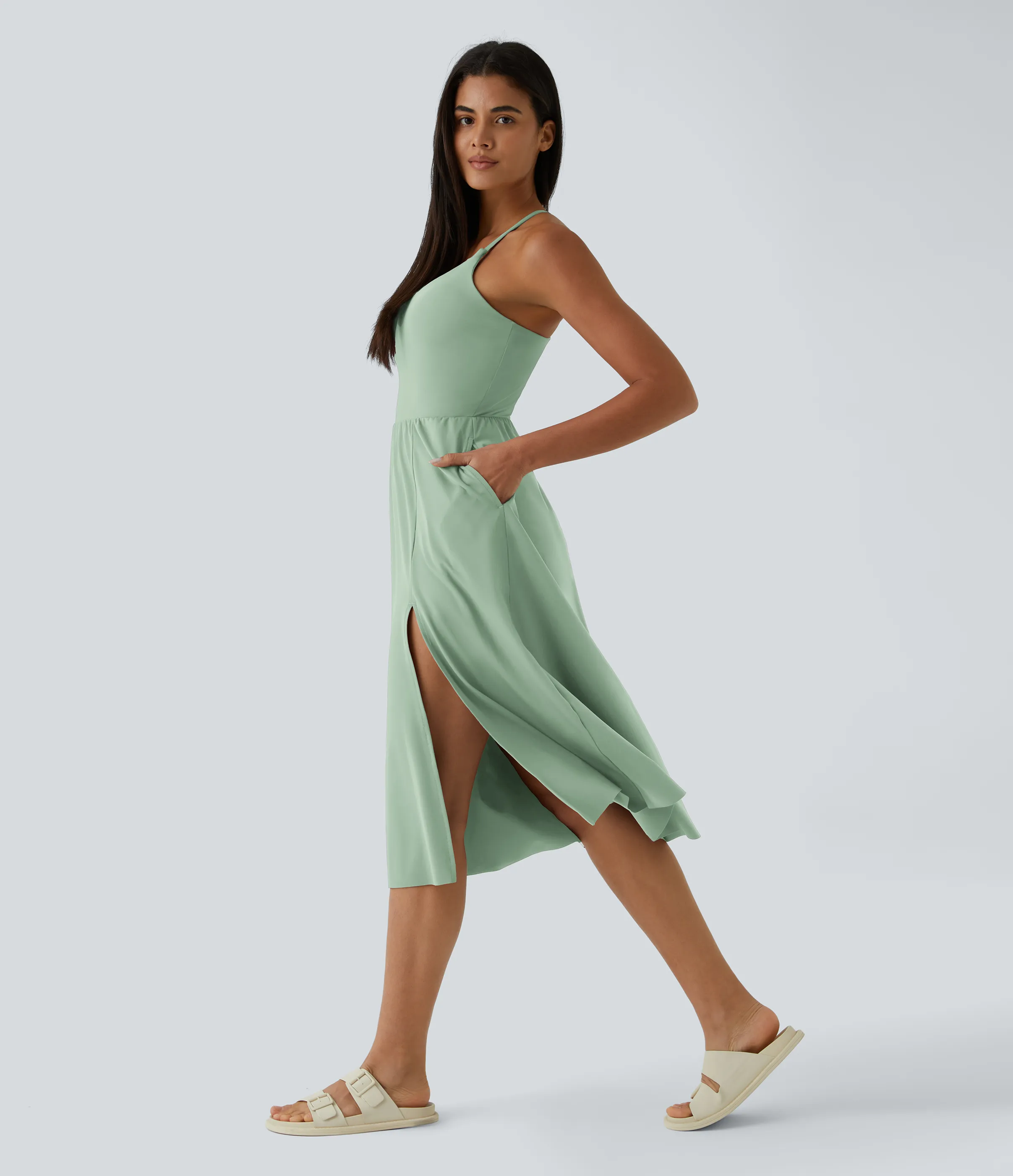 Halara Vestido midi bolsillo lateral espalda cruzada - Light Bean Green - S sold by Halara product image thumbnail 4