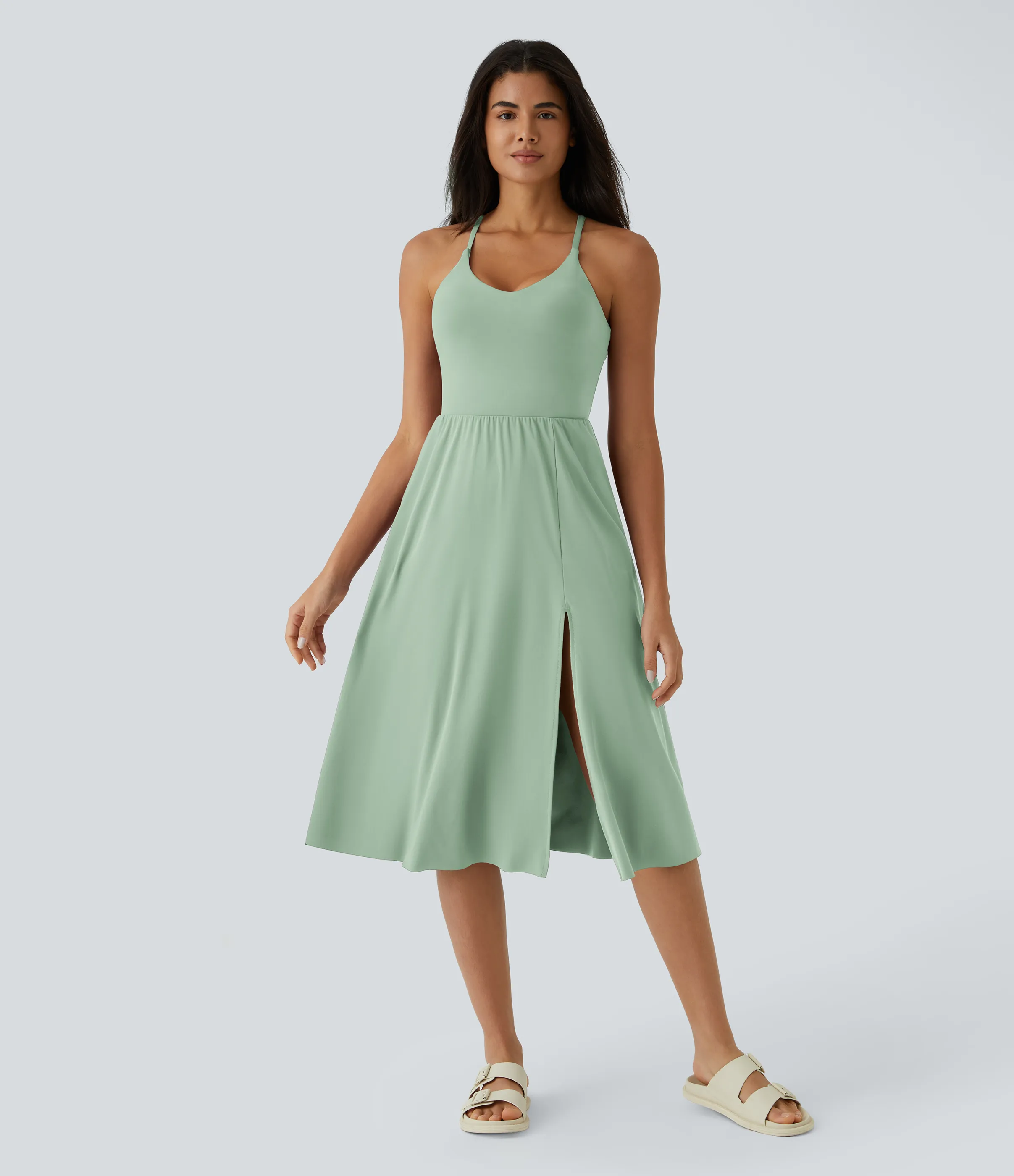 Halara Vestido midi bolsillo lateral espalda cruzada - Light Bean Green - S sold by Halara product image thumbnail 5