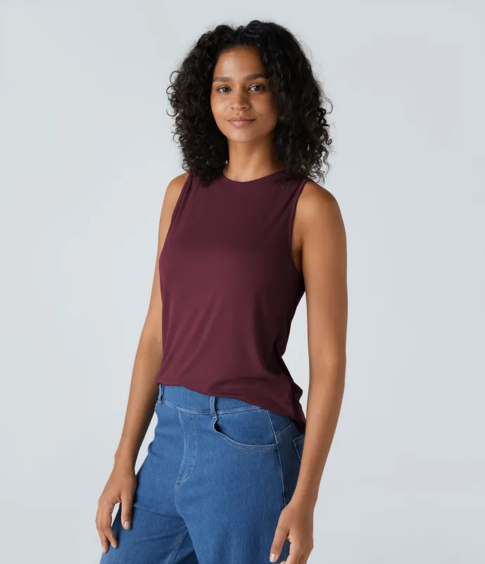 Halara Camiseta sin mangas básica cuello redondo acanalado - Maroon Banner - XL made by Halara