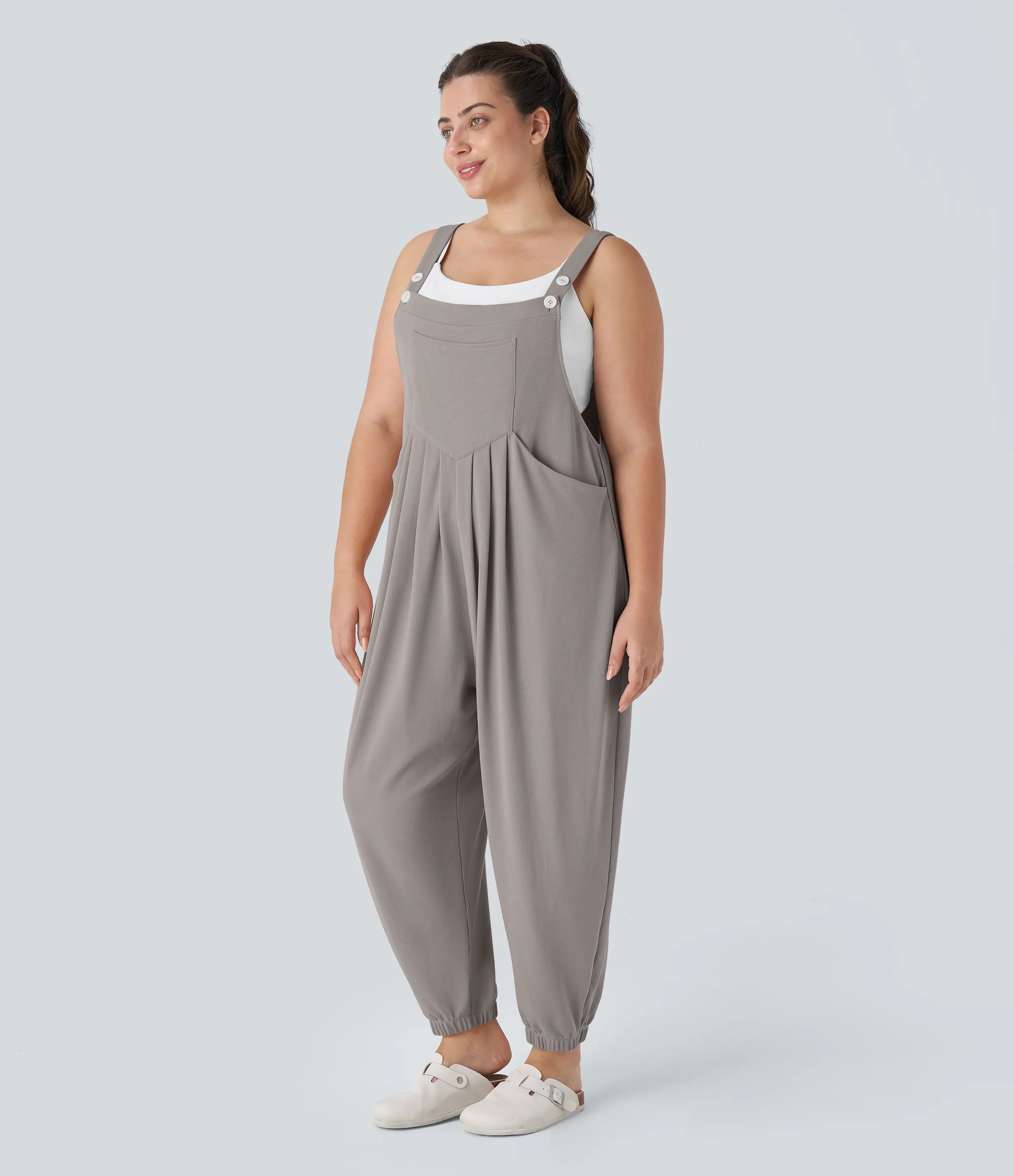 Halara Jogger Overol correa ajustable botón múltiple bolsillo plisado gofre talla grande - Mink Ash - 3X sold by Halara product image thumbnail 4