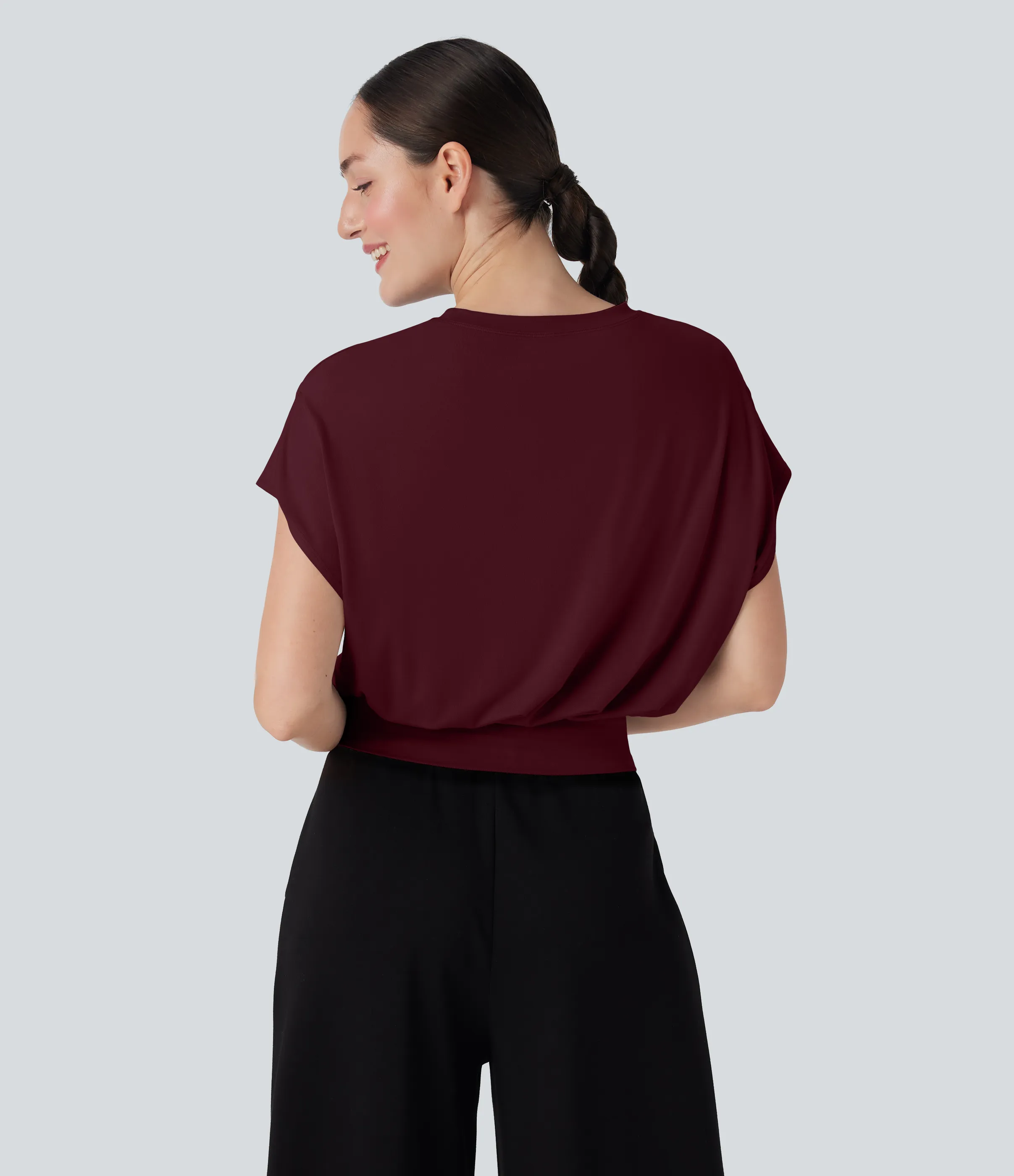 Halara Camiseta de oficina de manga corta de murciélago con cuello redondo - Zinfandel - L sold by Halara product image thumbnail 3