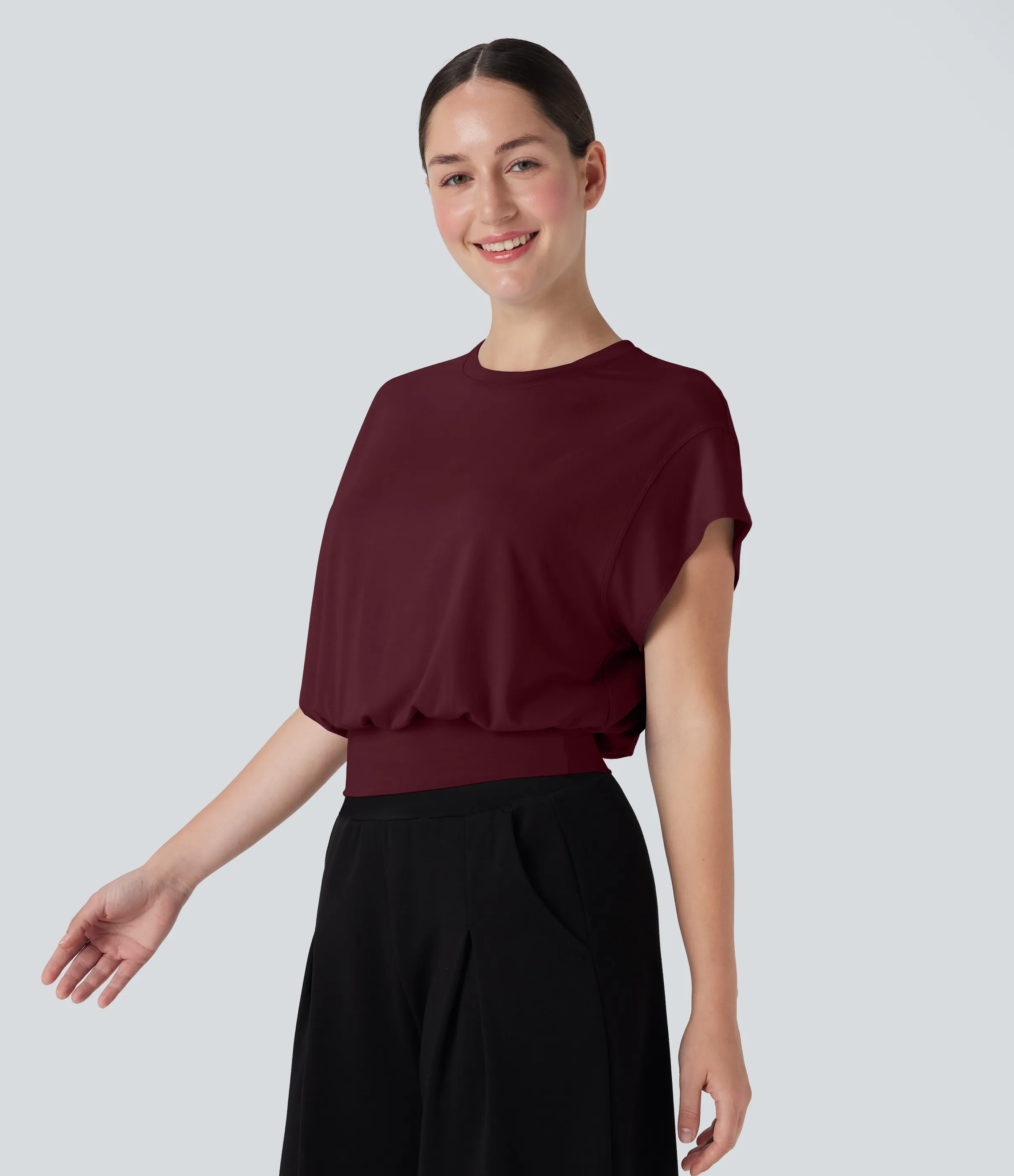 Halara Camiseta de oficina de manga corta de murciélago con cuello redondo - Zinfandel - L sold by Halara product image thumbnail 4