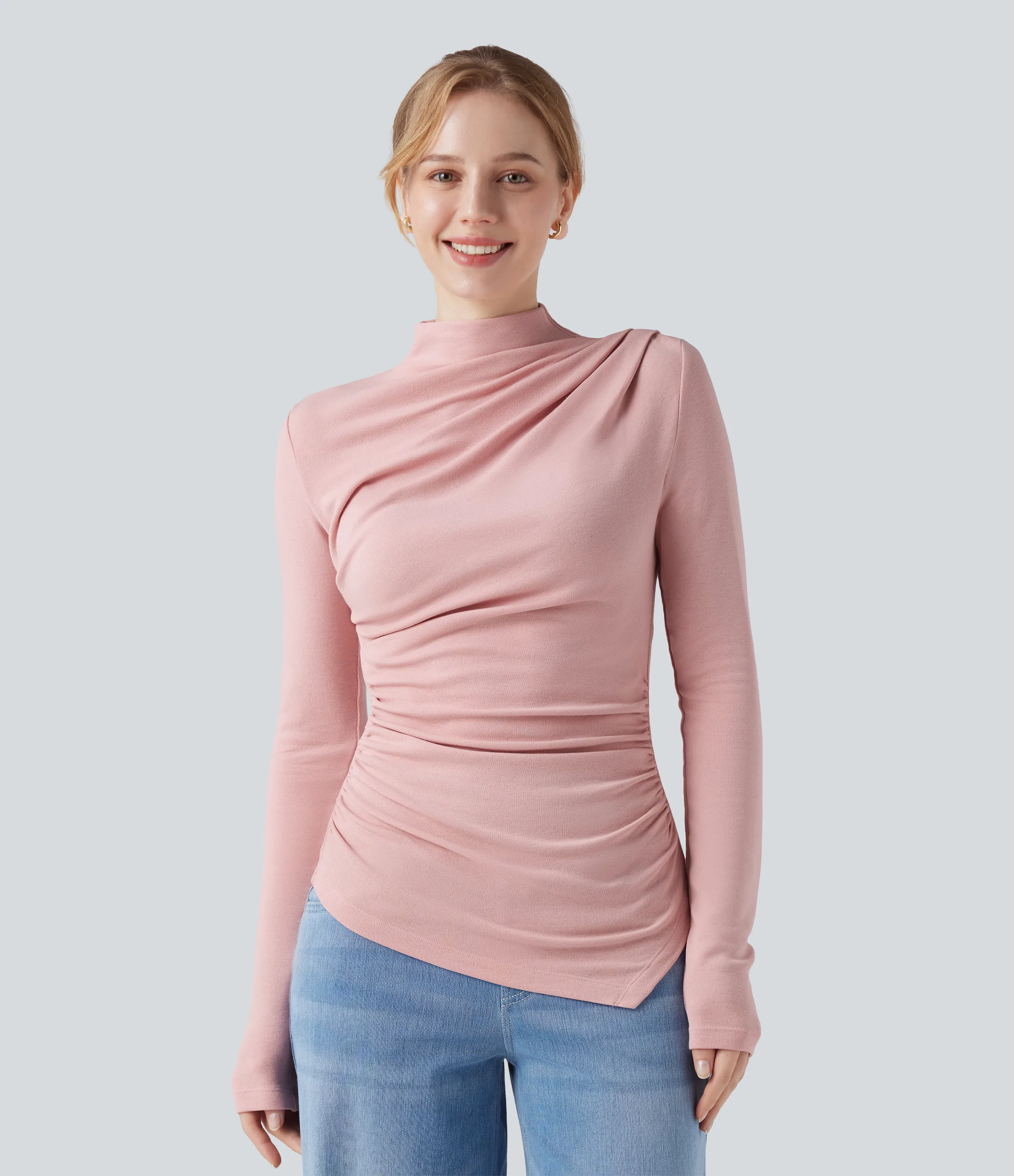 Halara Top casual térmico de cuello alto de manga larga con dobladillo asimétrico fruncido - Dirty Pink - XL sold by Halara product image thumbnail 2