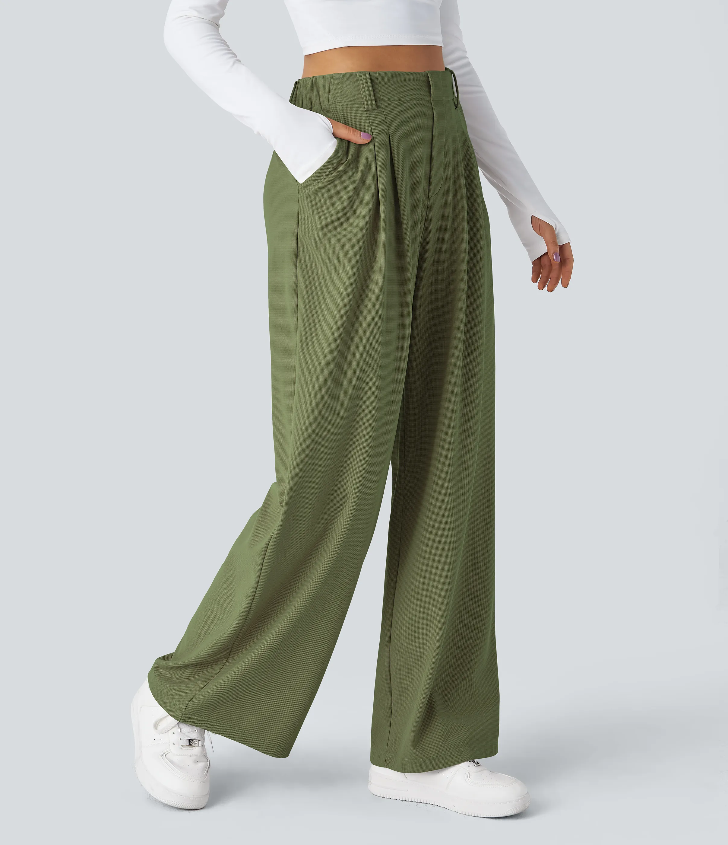 Halara Pantalones Halara Flex™ de oficina anchos plisados de tiro alto con bolsillos en tela tipo gofre - Loden Green - XL(petite) sold by Halara