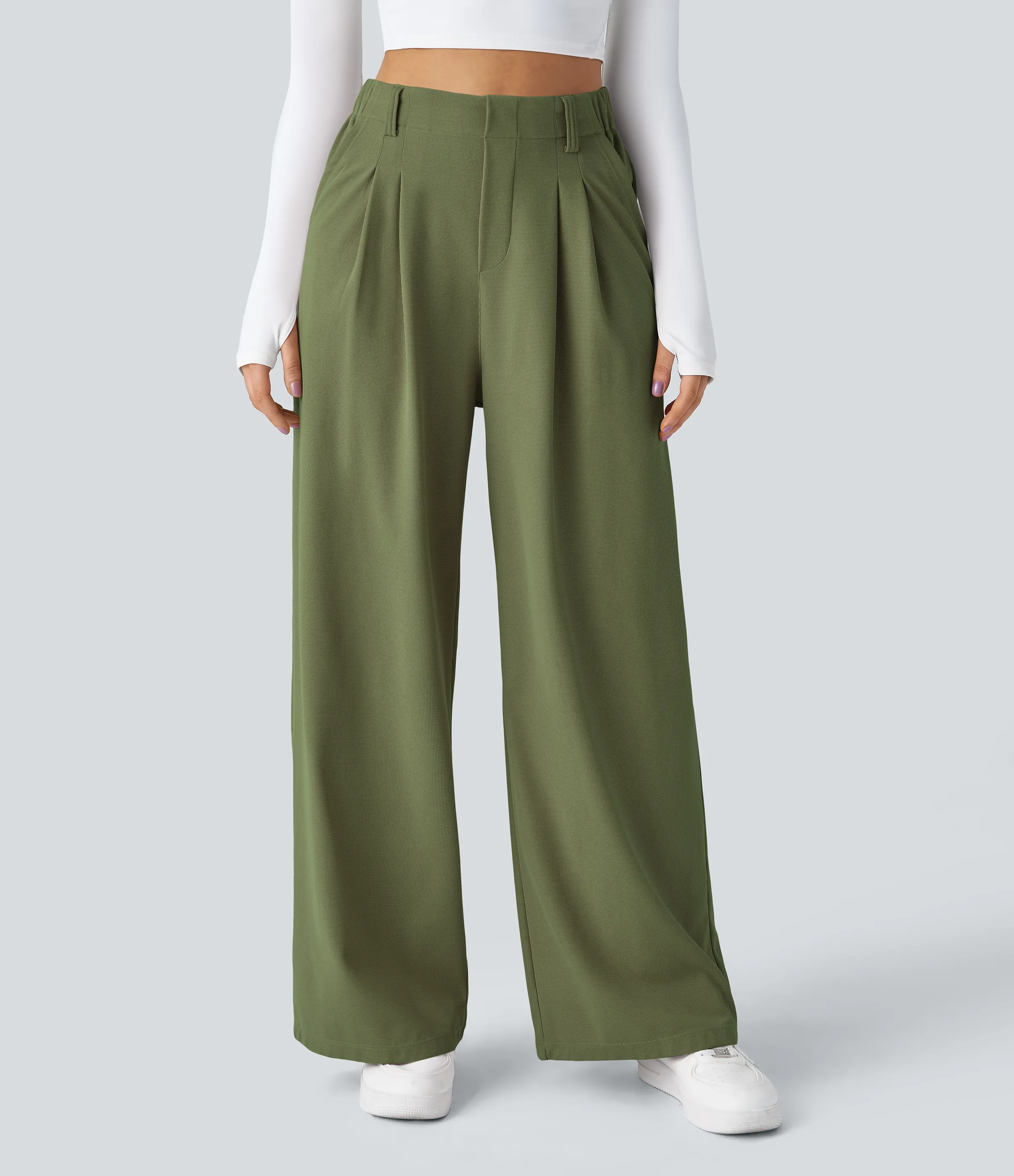 Halara Pantalones Halara Flex™ de oficina anchos plisados de tiro alto con bolsillos en tela tipo gofre - Loden Green - XL(petite) sold by Halara product image thumbnail 4