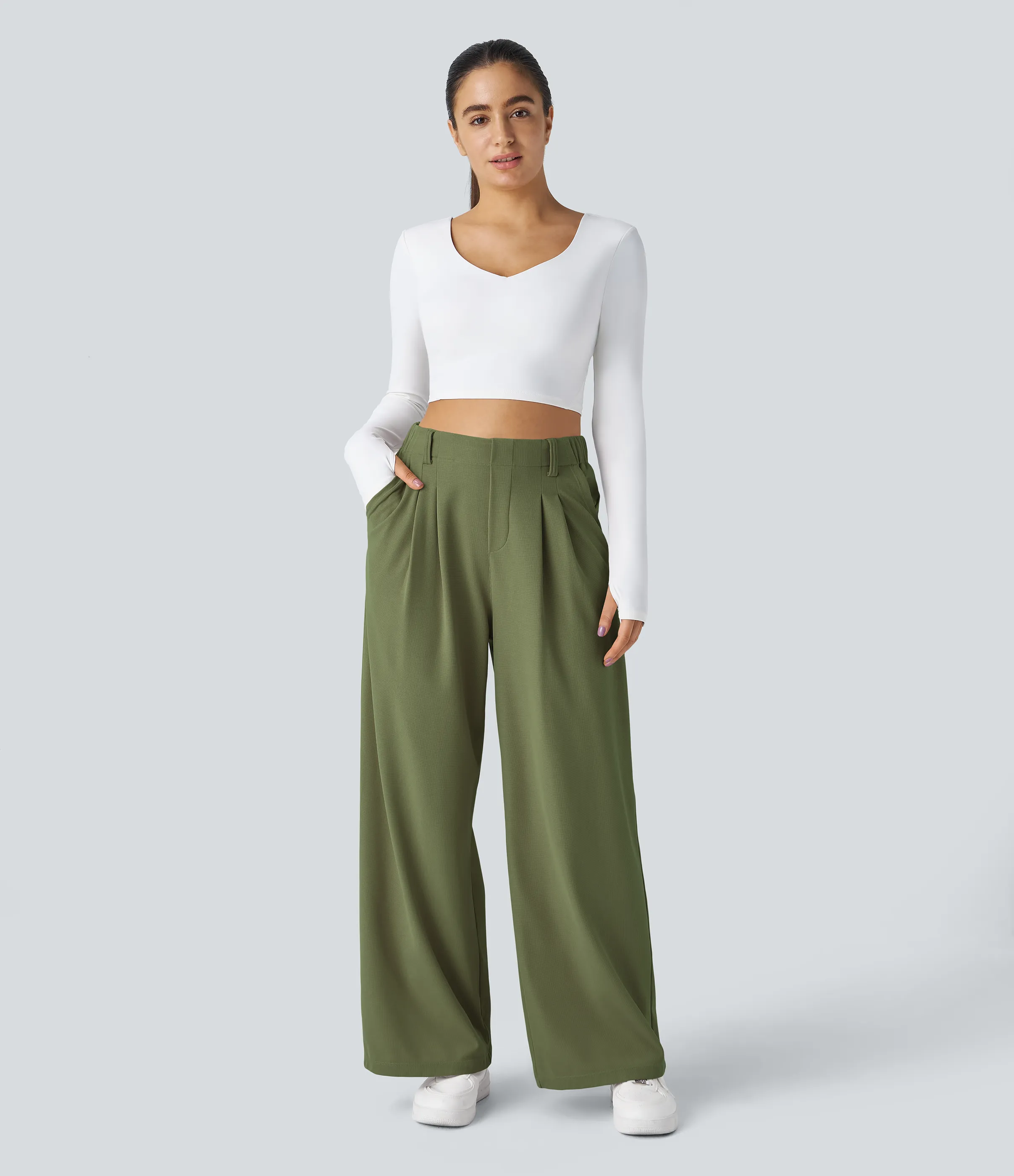 Halara Pantalones Halara Flex™ de oficina anchos plisados de tiro alto con bolsillos en tela tipo gofre - Loden Green - XL(petite) sold by Halara product image thumbnail 5