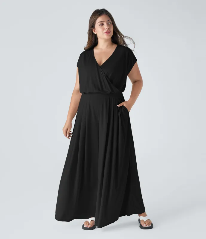 Halara Mono talla grande cuello V manga corta bolsillo lateral plisado pierna ancha gofre fluido - Black - 1X sold by Halara