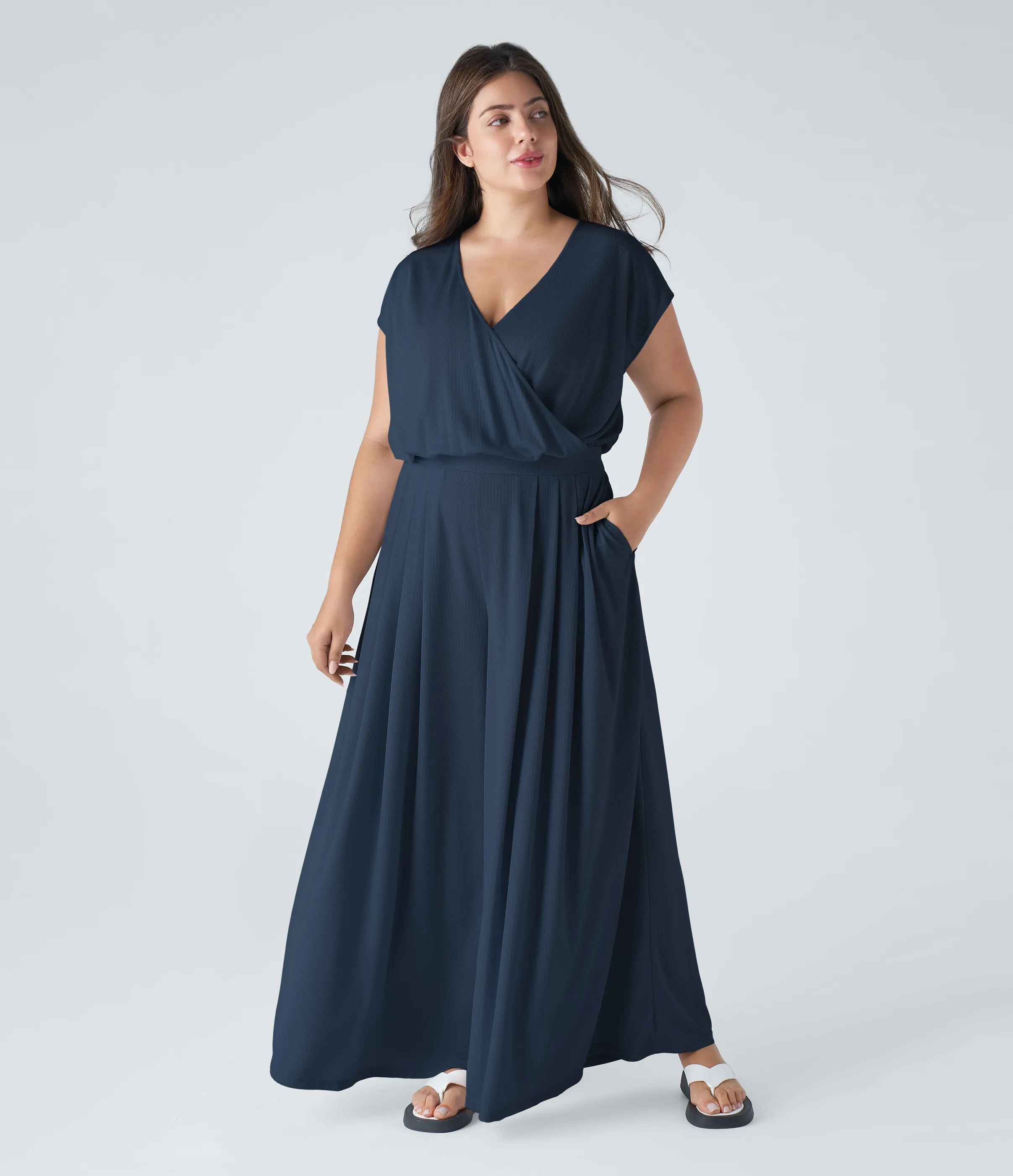 Halara Mono talla grande cuello V manga corta bolsillo lateral plisado pierna ancha gofre fluido - Charm Ink Blue - 3X sold by Halara product image thumbnail 2