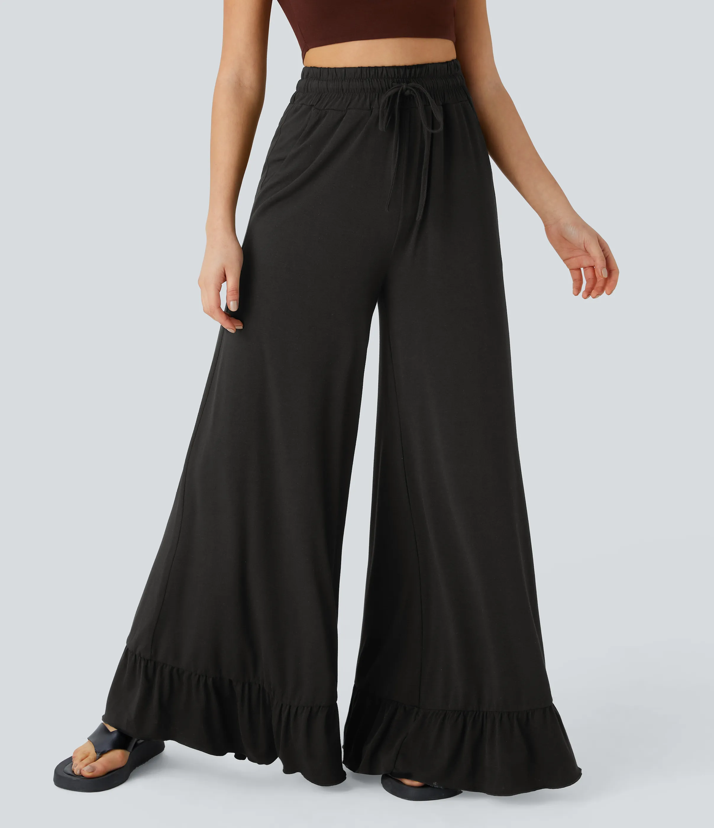 Halara Pantalón pierna ancha volante bolsillo lateral cordón tiro alto - Black - L(regular) sold by Halara