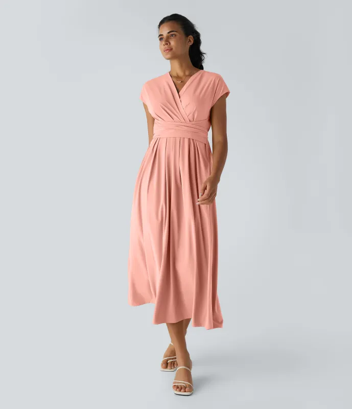 Halara Vestido midi Breezeful™ secado rápido cuello V manga corta bolsillo lateral lazo espalda - Blossom - XS sold by Halara