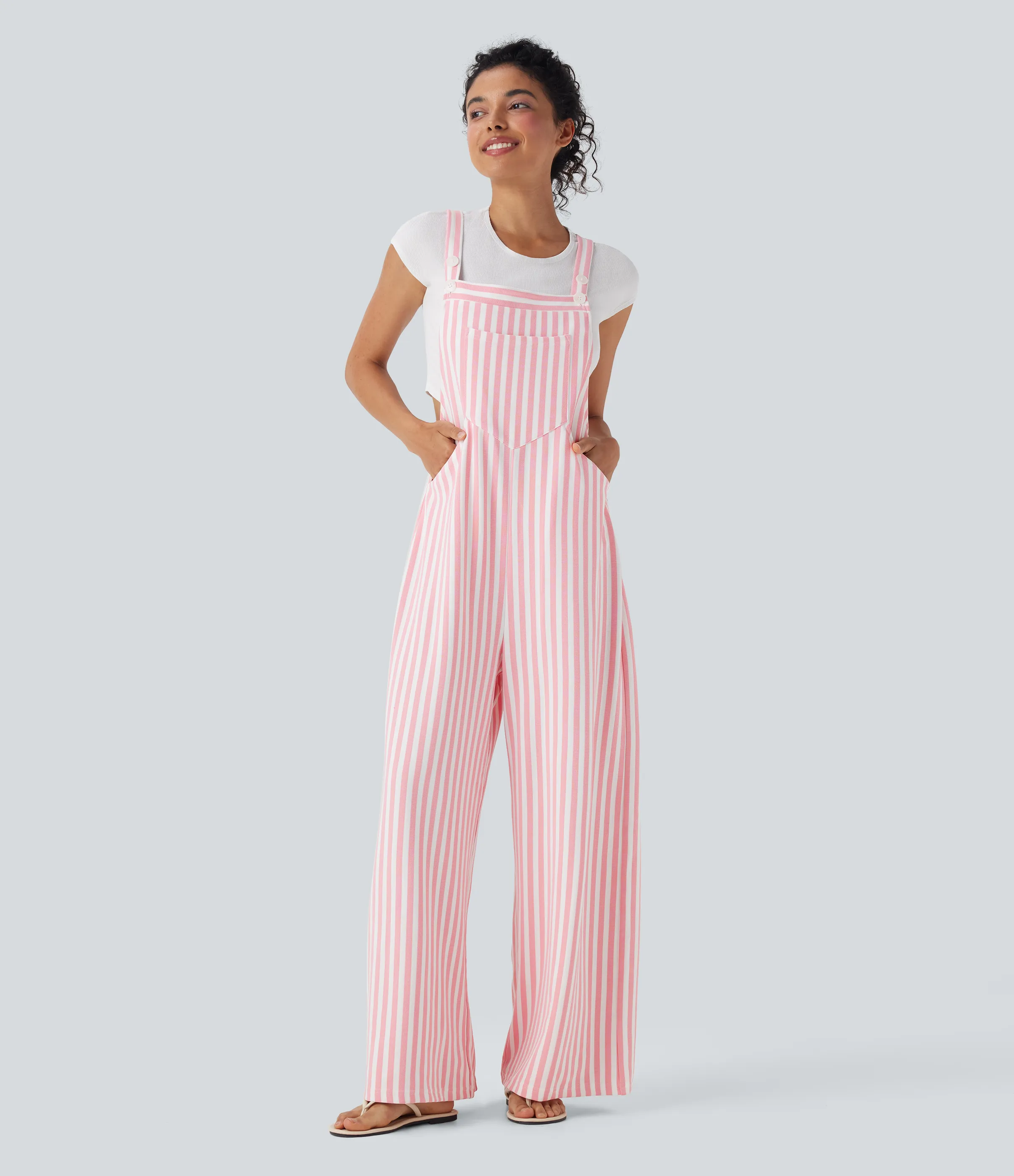 Halara Overol resort gofre raya múltiple bolsillo botón correa ajustable - Pink Stripe - XS(regular) sold by Halara product image thumbnail 2