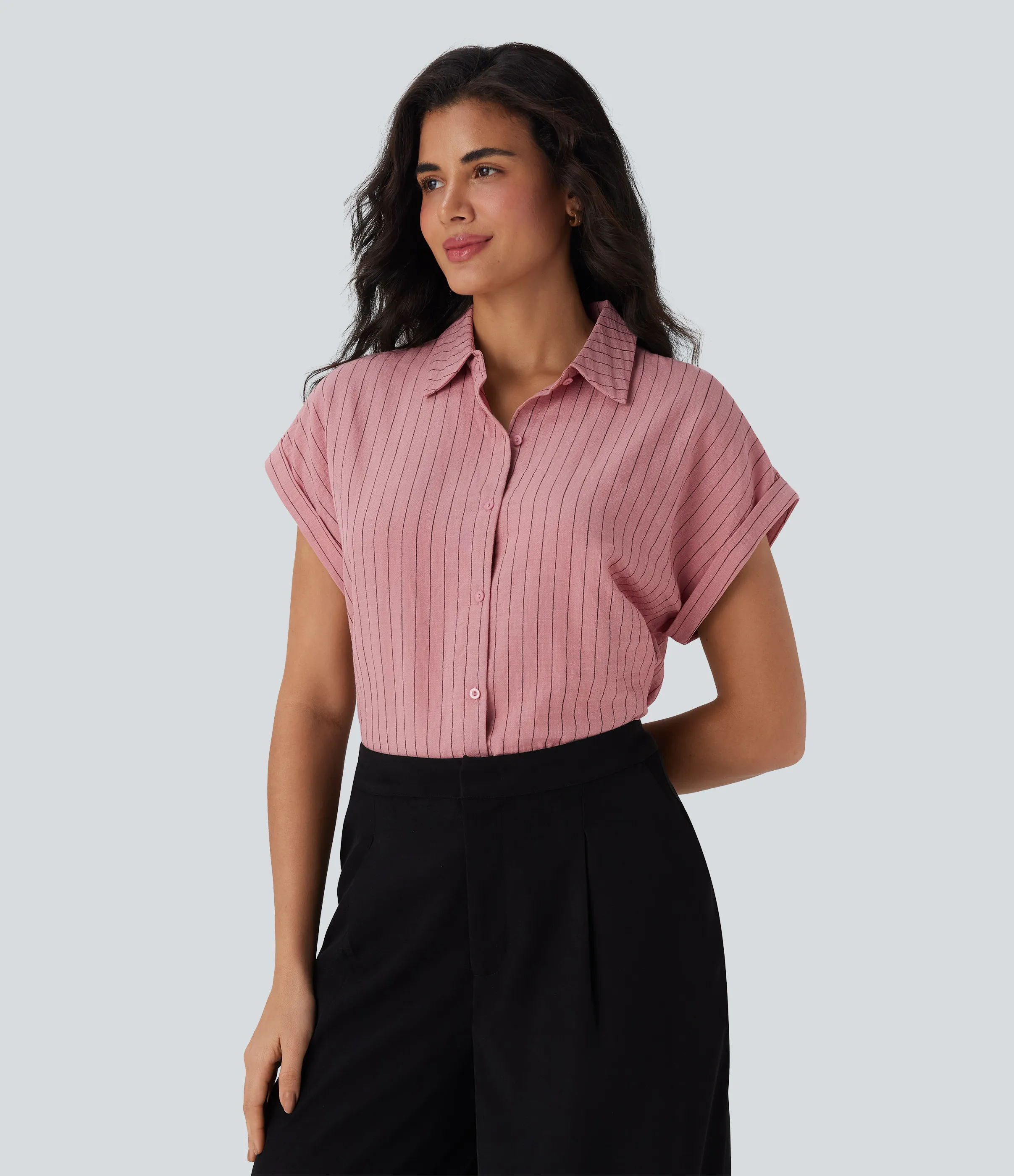 Halara Camisa de lino de oficina a rayas de manga corta con cuello y botones - Candy Pink Black Yarn Dye Stripes - M sold by Halara product image thumbnail 4