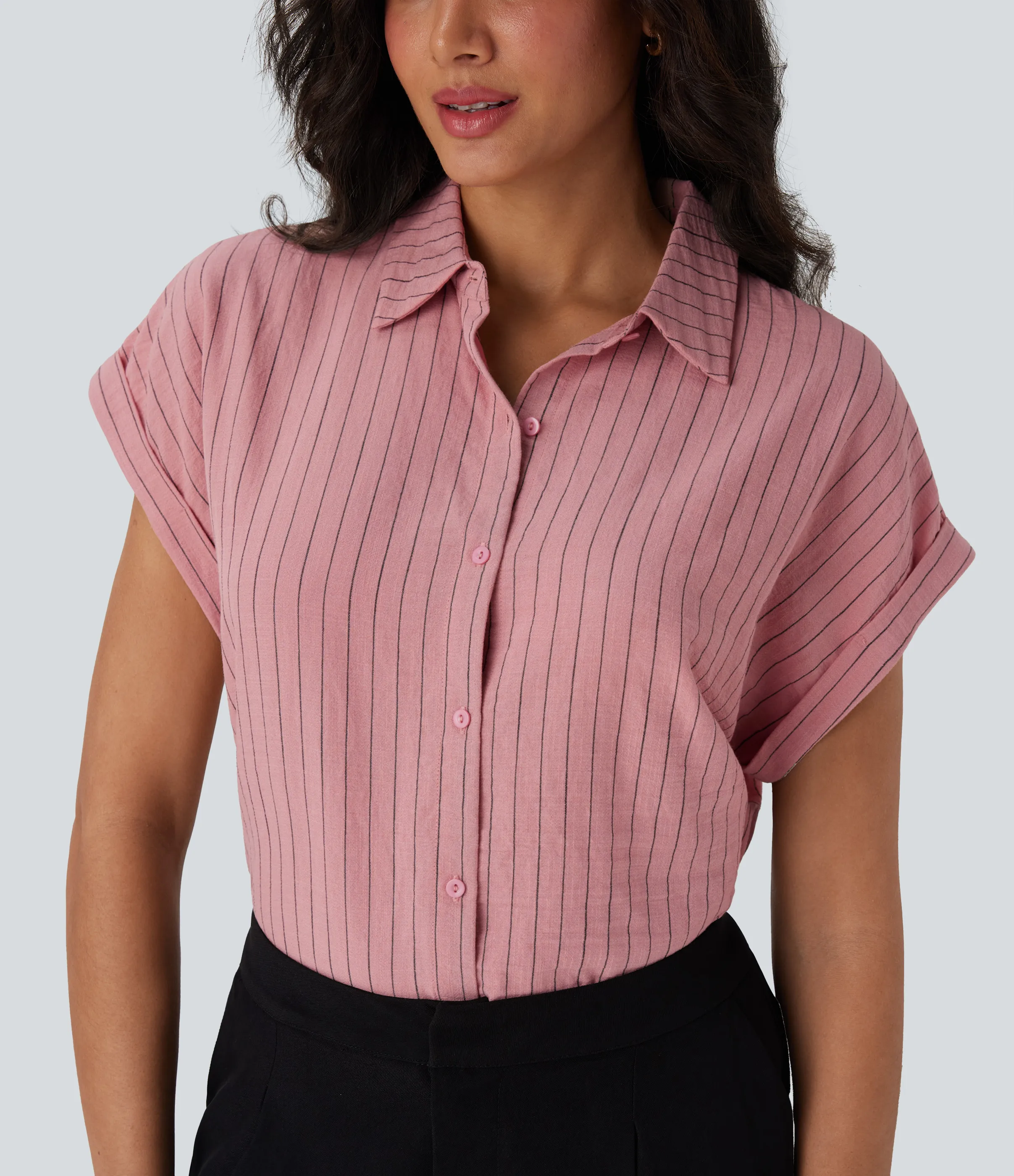 Halara Camisa de lino de oficina a rayas de manga corta con cuello y botones - Candy Pink Black Yarn Dye Stripes - M sold by Halara product image thumbnail 5