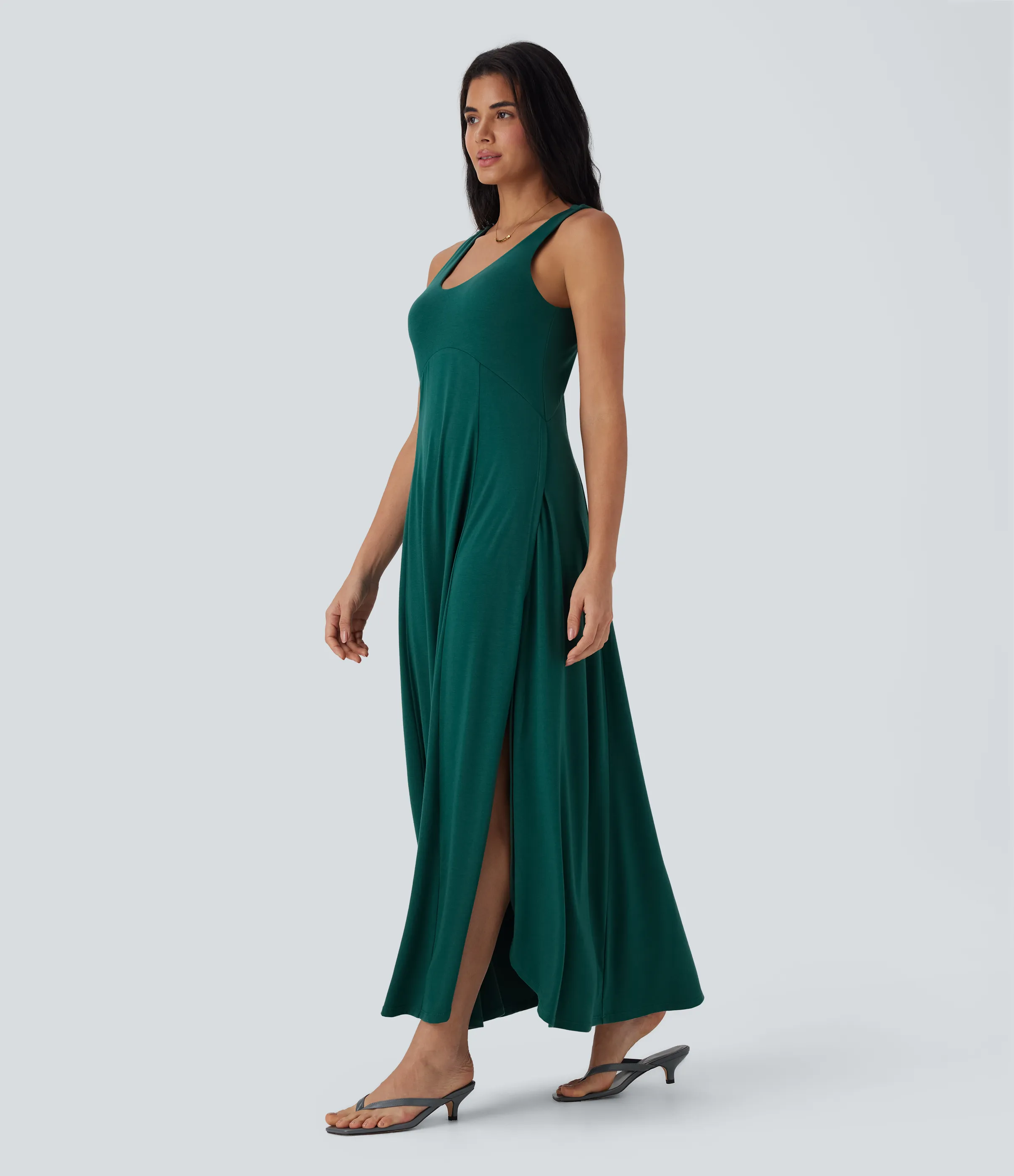 Halara Vestido largo casual fluido de tirantes con escote en U, abertura lateral y espalda descubierta - Forest Biome - XL sold by Halara product image thumbnail 2