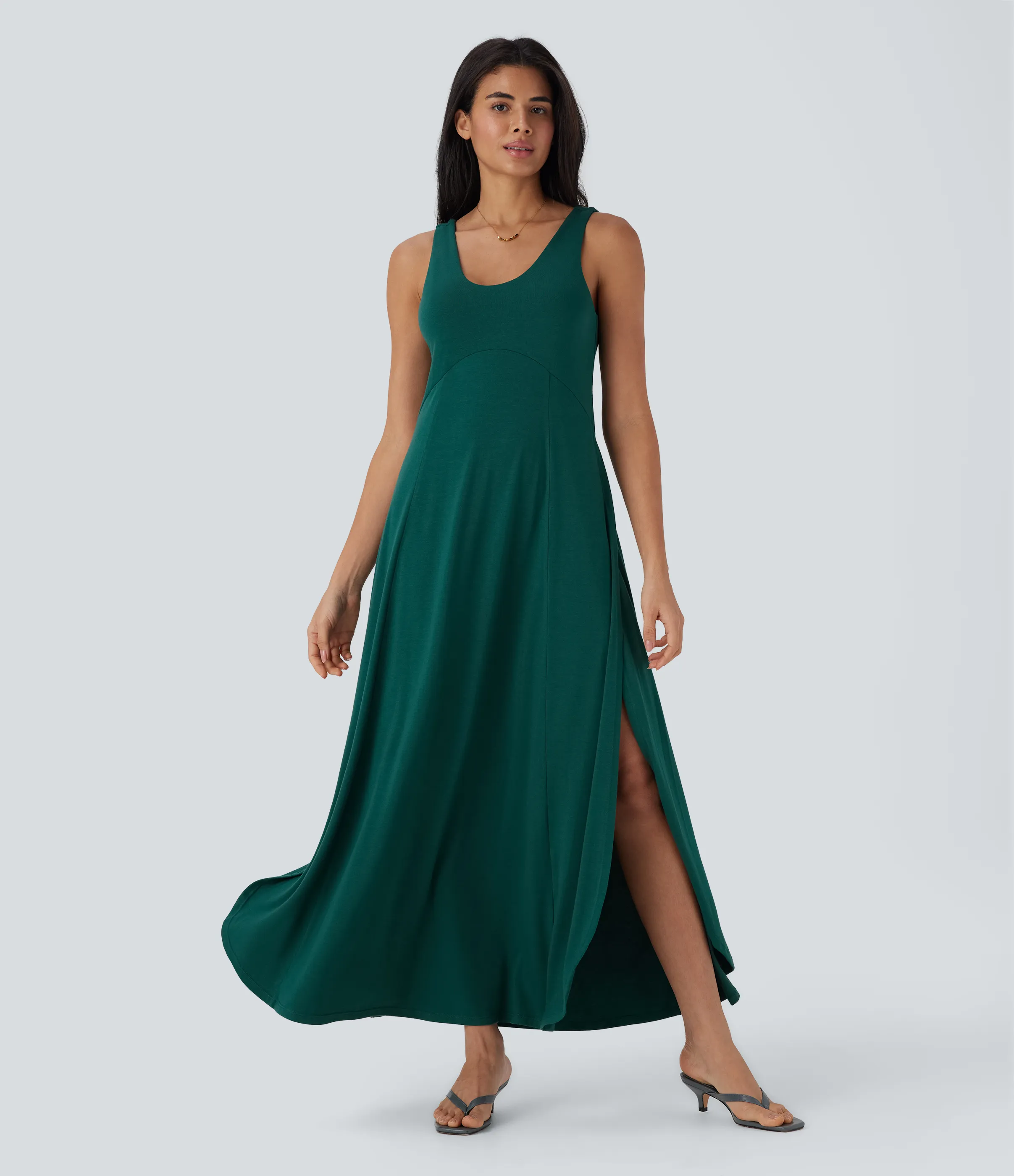 Halara Vestido largo casual fluido de tirantes con escote en U, abertura lateral y espalda descubierta - Forest Biome - XL sold by Halara product image thumbnail 4